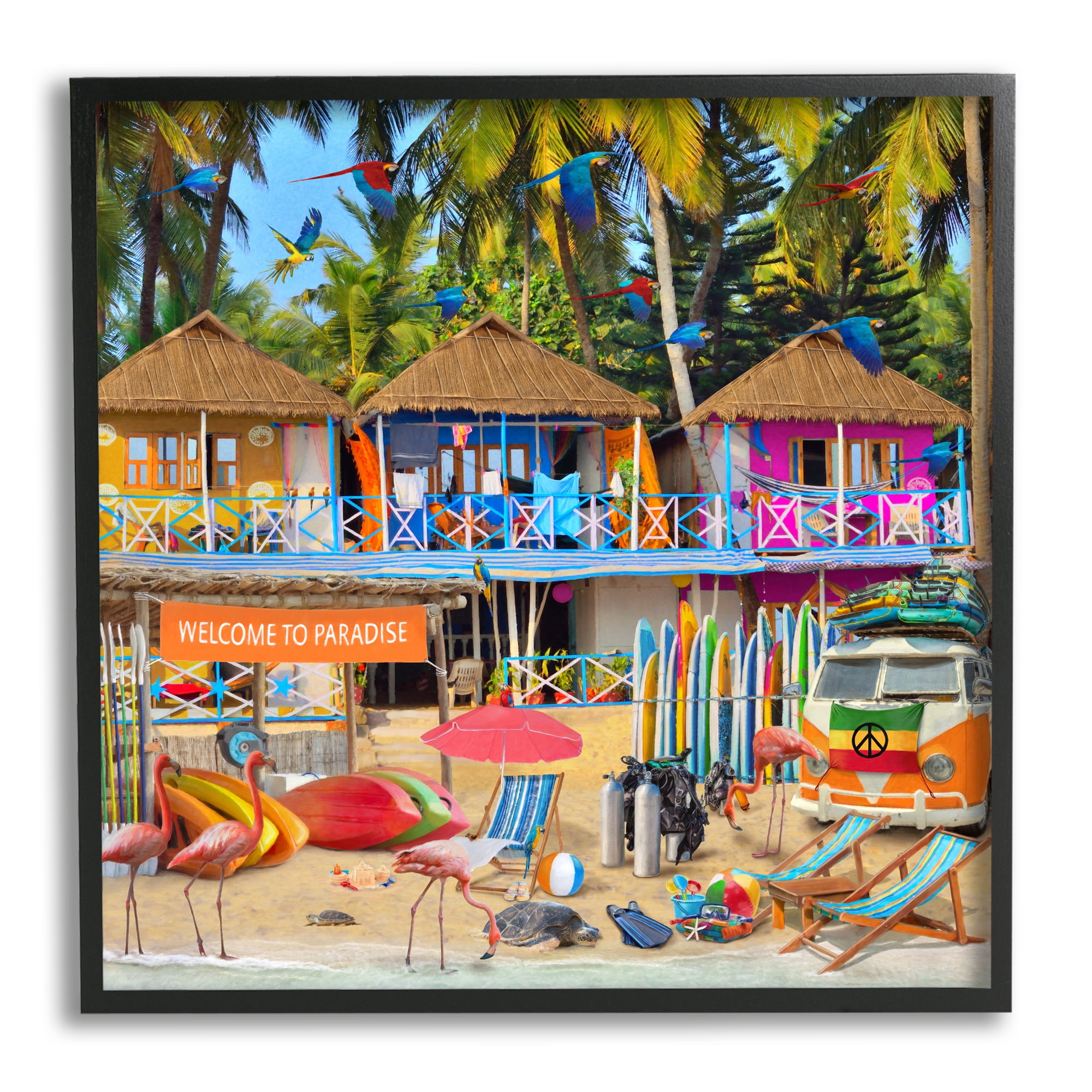 Stupell Industries Paradise Beach Resort Animals & Insects Painting Black Framed Art Print Wall Art, 17 x 17