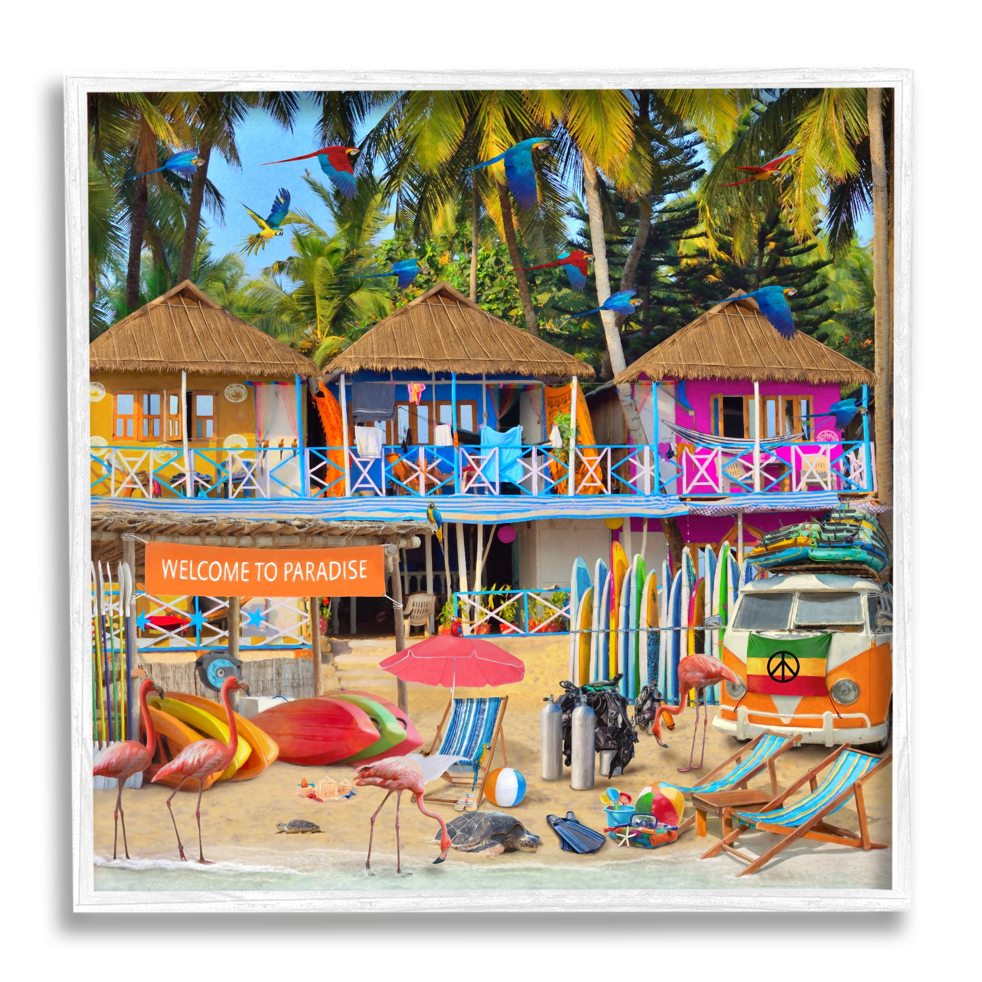Stupell Industries Paradise Beach Resort Animals & Insects Painting White Framed Art Print Wall Art, 24 x 24