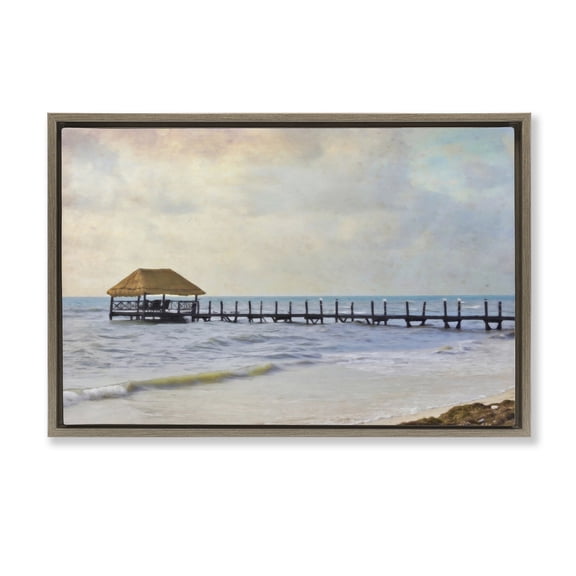 Stupell Industries Paradise Pier Shoreline Nautical & Beach Painting Brown Floater Framed Canvas Art Print Wall Art, 25 x 17