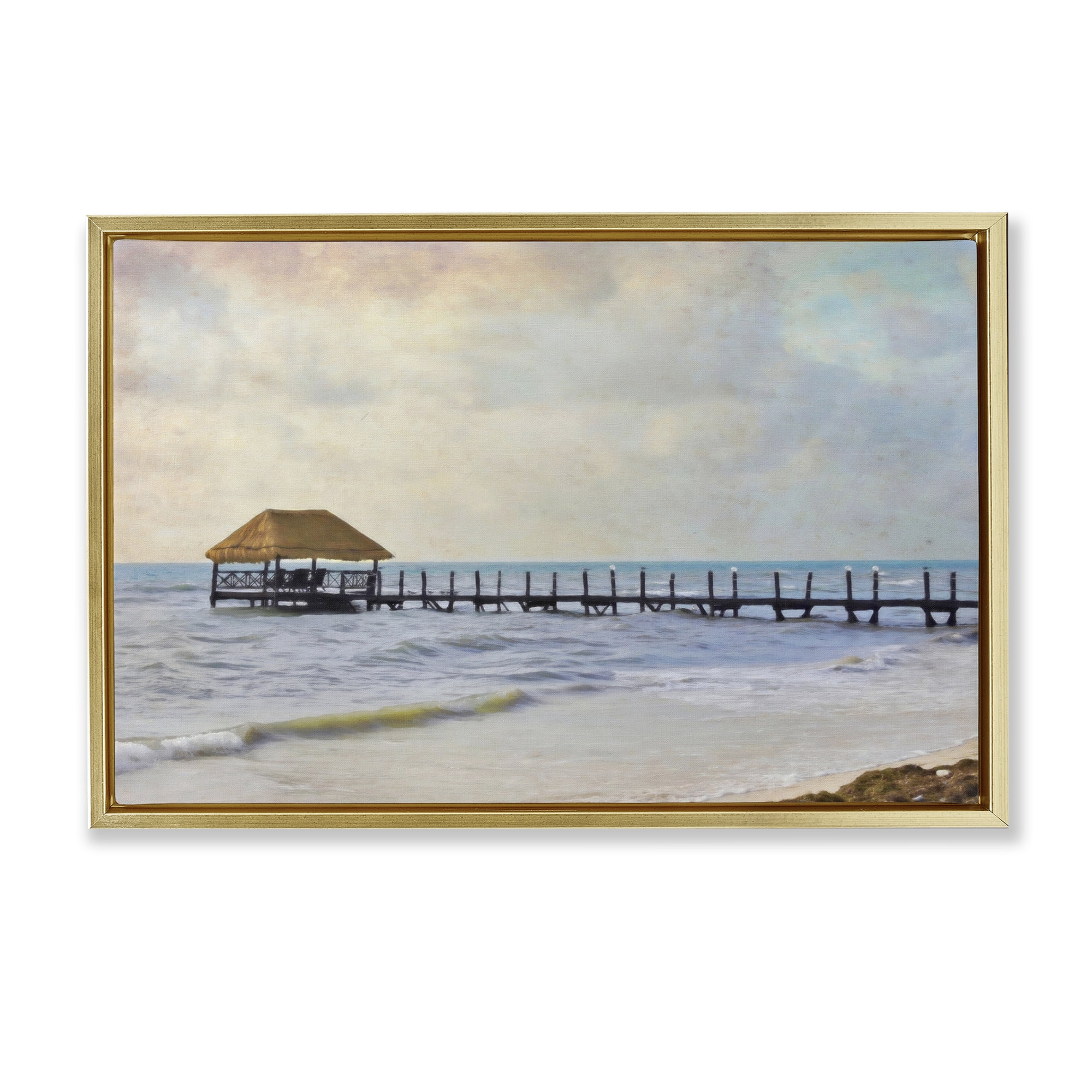 Stupell Industries Paradise Pier Shoreline Nautical & Beach Painting Gold Floater Framed Canvas Art Print Wall Art, 31 x 21