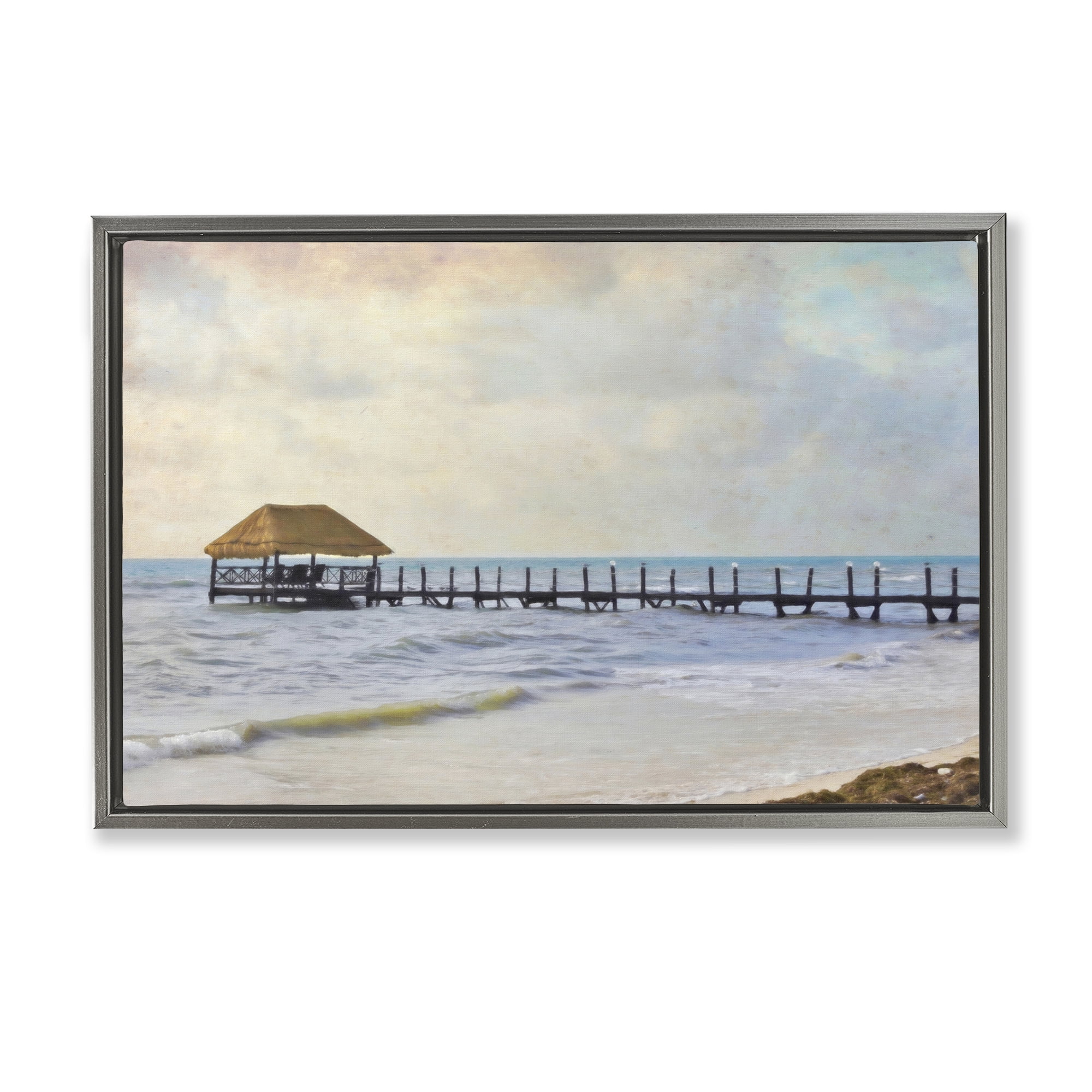 Stupell Industries Paradise Pier Shoreline Nautical & Beach Painting Gray Floater Framed Canvas Art Print Wall Art, 31 x 21