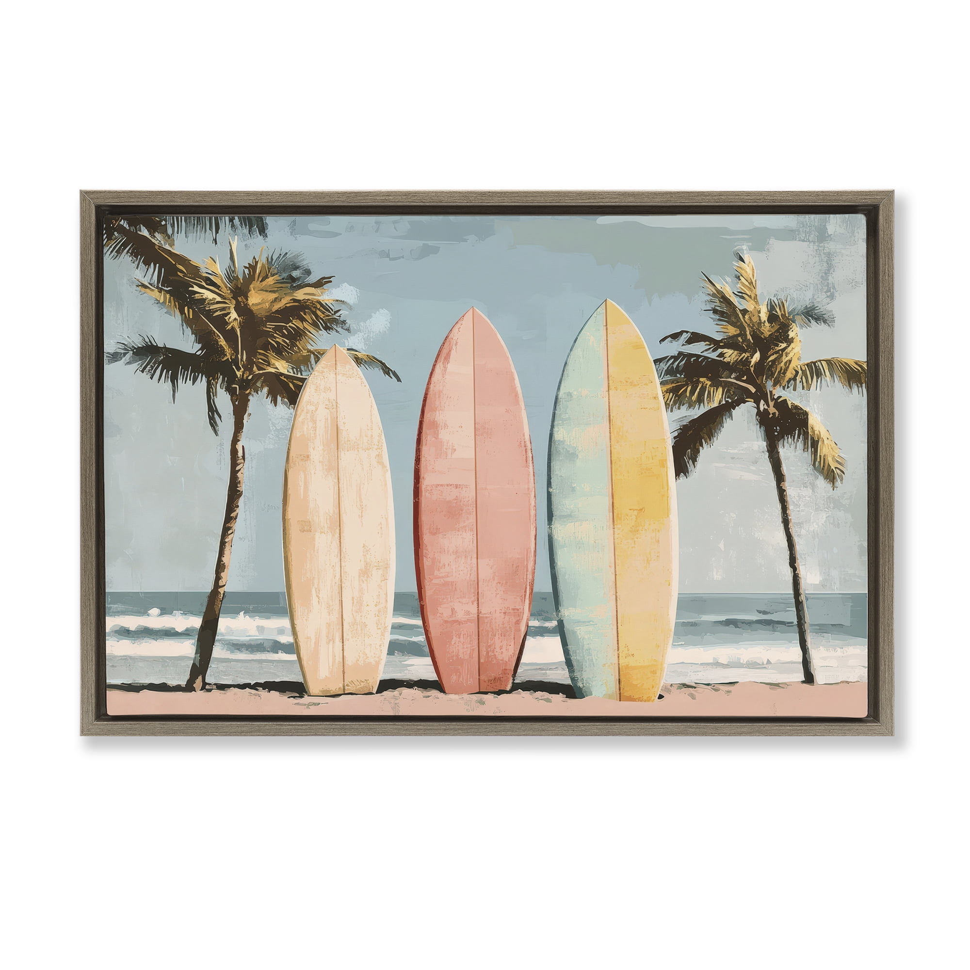 Stupell Industries Paradise Surfboard Trio Brown Framed Floater Canvas Wall Art, design by Petal Prints Design