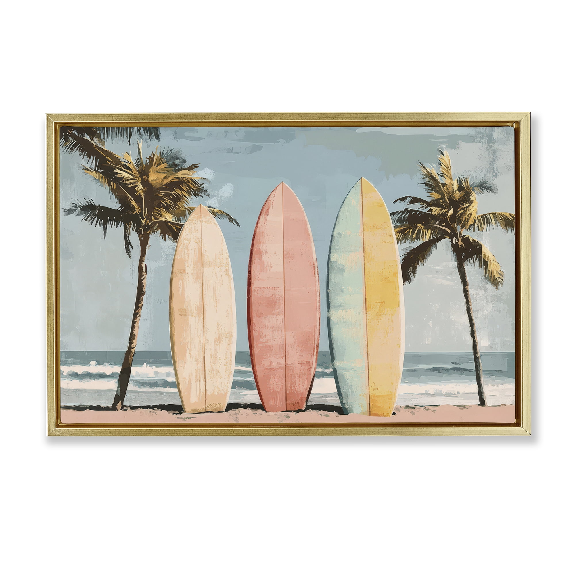 Stupell Industries Paradise Surfboard Trio Gold Framed Floater Canvas Wall Art, design by Petal Prints Design