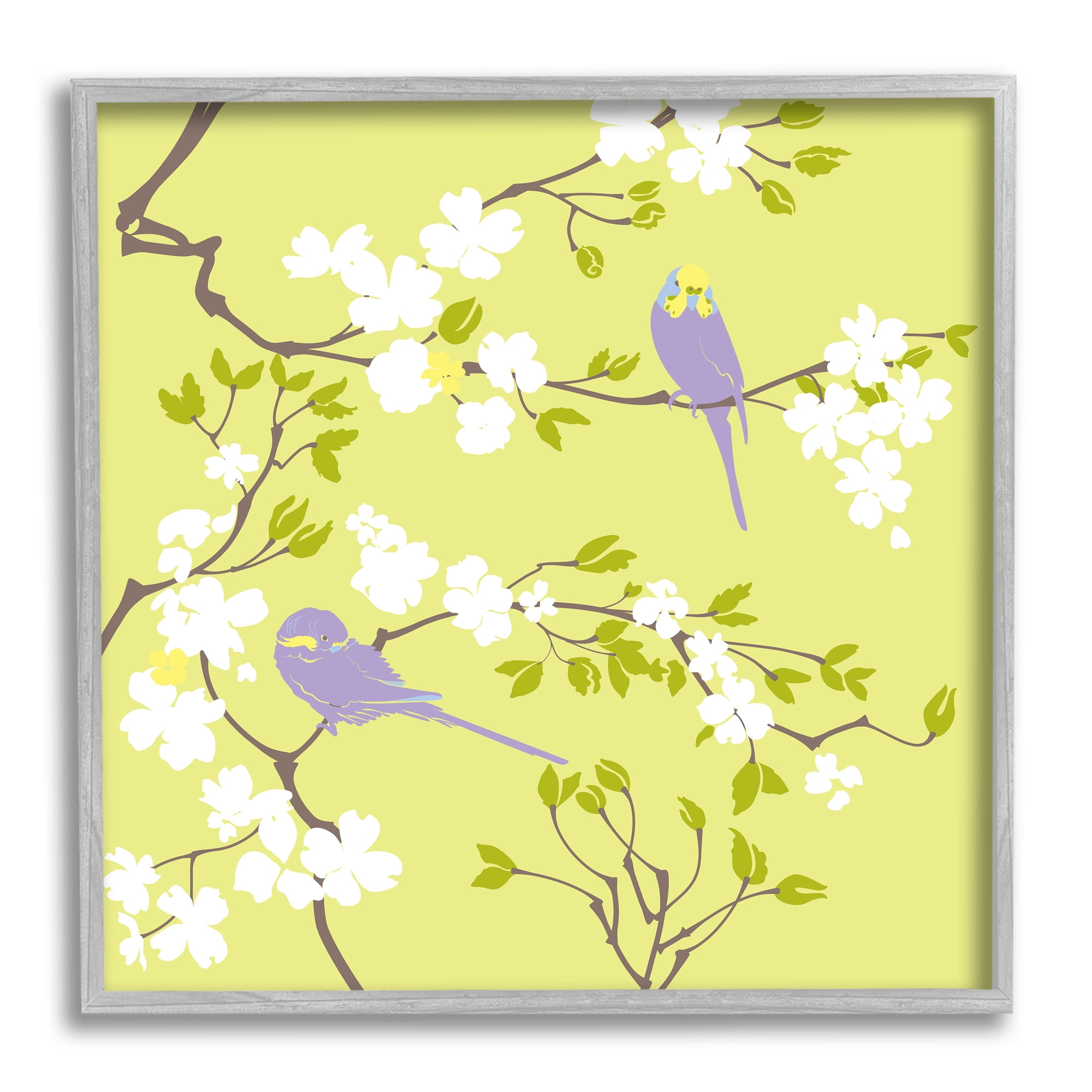 Stupell Industries Parakeets & Cherry Blossoms Animals & Insects Painting Gray Framed Art Print Wall Art, 17 x 17