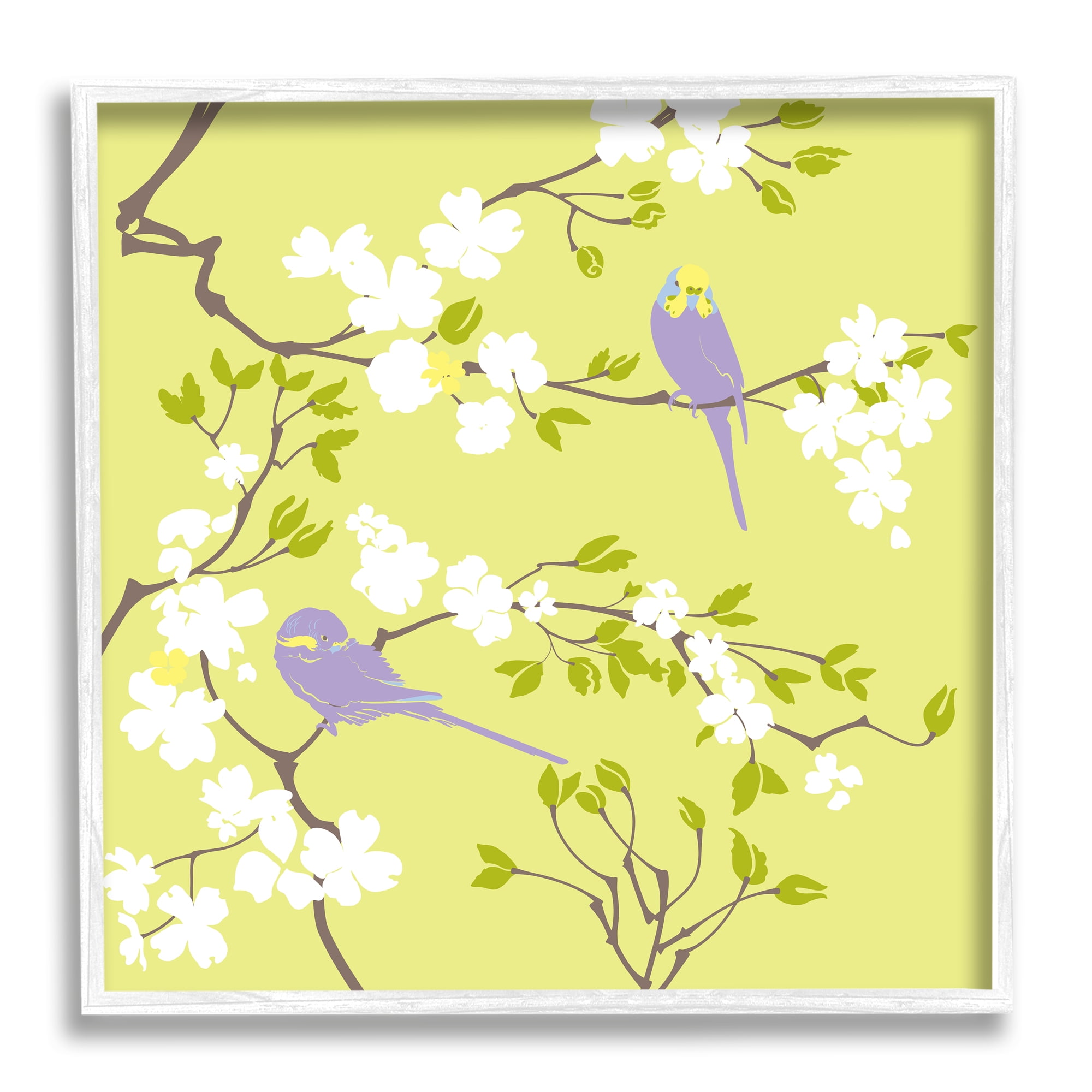Stupell Industries Parakeets & Cherry Blossoms Animals & Insects Painting White Framed Art Print Wall Art, 12 x 12