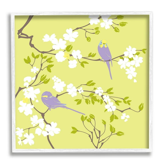 Stupell Industries Parakeets & Cherry Blossoms Animals & Insects Painting White Framed Art Print Wall Art, 17 x 17