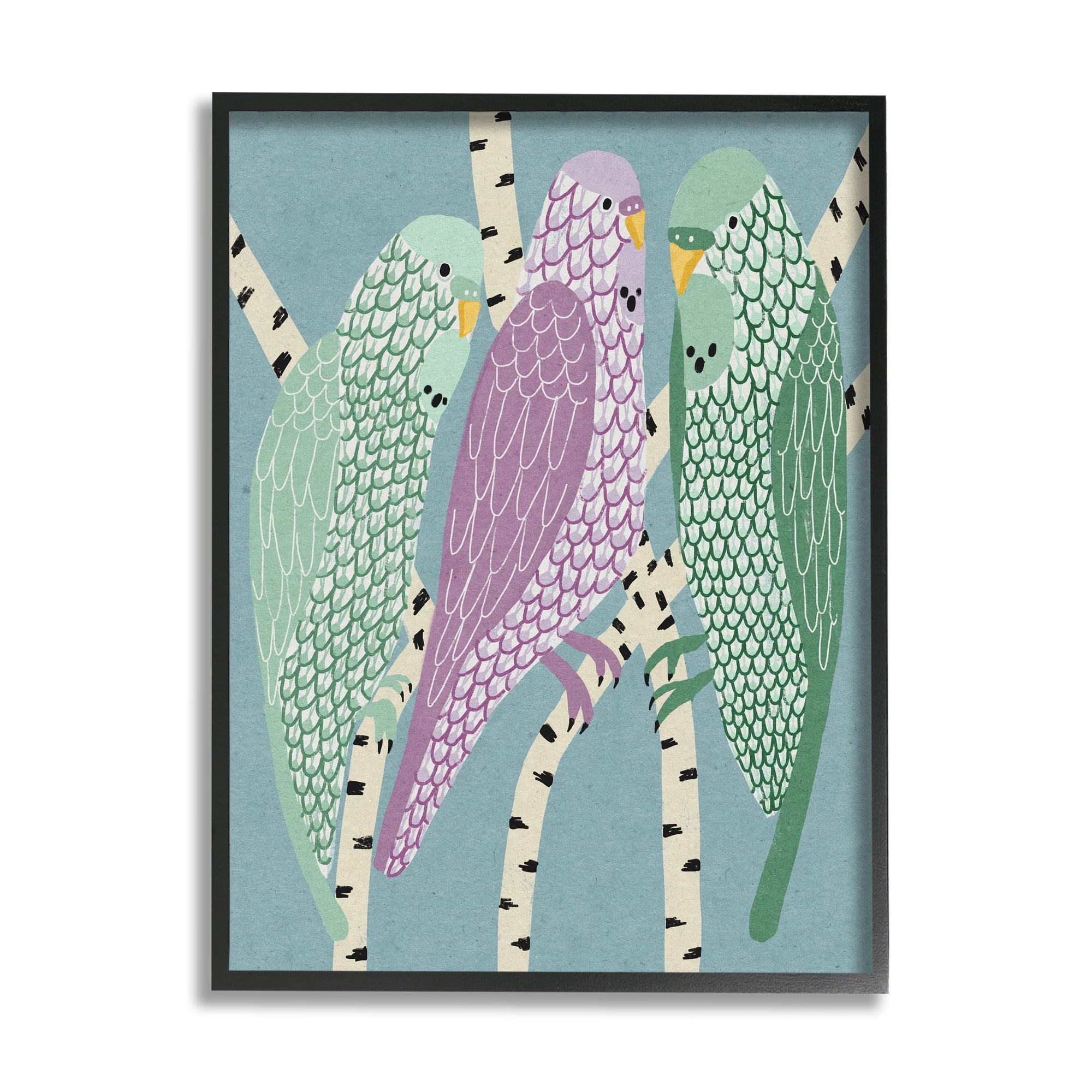 Stupell Industries Parakeets Perched On Birch Purple Green Birds Animals & Insects Painting Black Framed Art Print Wall Art, 11 x 14