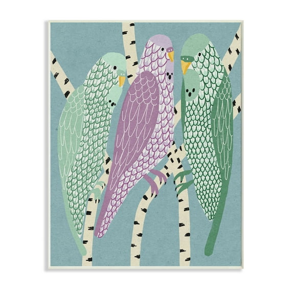 Stupell Industries Parakeets Perched On Birch Purple Green Birds Wood Wall Art, 13 x 19, Design by Daphne Polselli