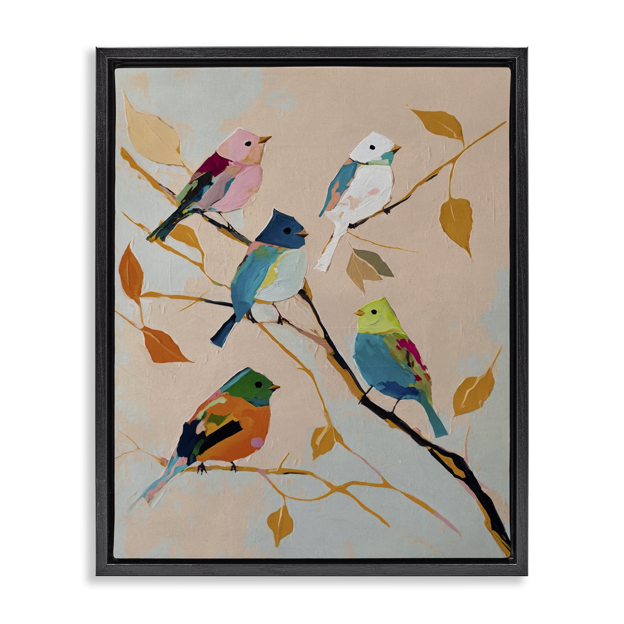 Stupell Industries Parakeets on Fall Branch Animals Painting Black Floater Framed Canvas Art Print Wall Art, 25 x 31