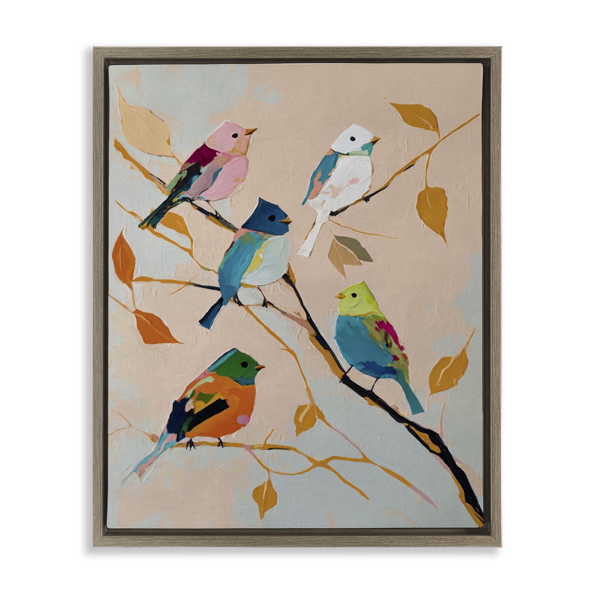 Stupell Industries Parakeets on Fall Branch Animals Painting Brown Floater Framed Canvas Art Print Wall Art, 17 x 21