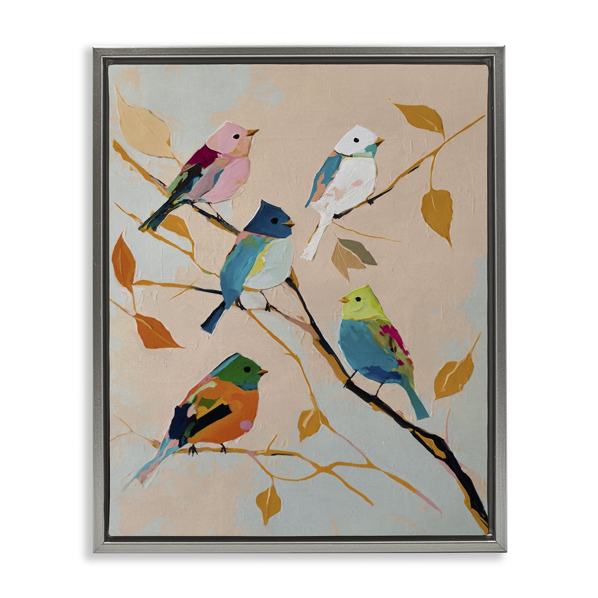 Stupell Industries Parakeets on Fall Branch Animals Painting Gray Floater Framed Canvas Art Print Wall Art, 17 x 21