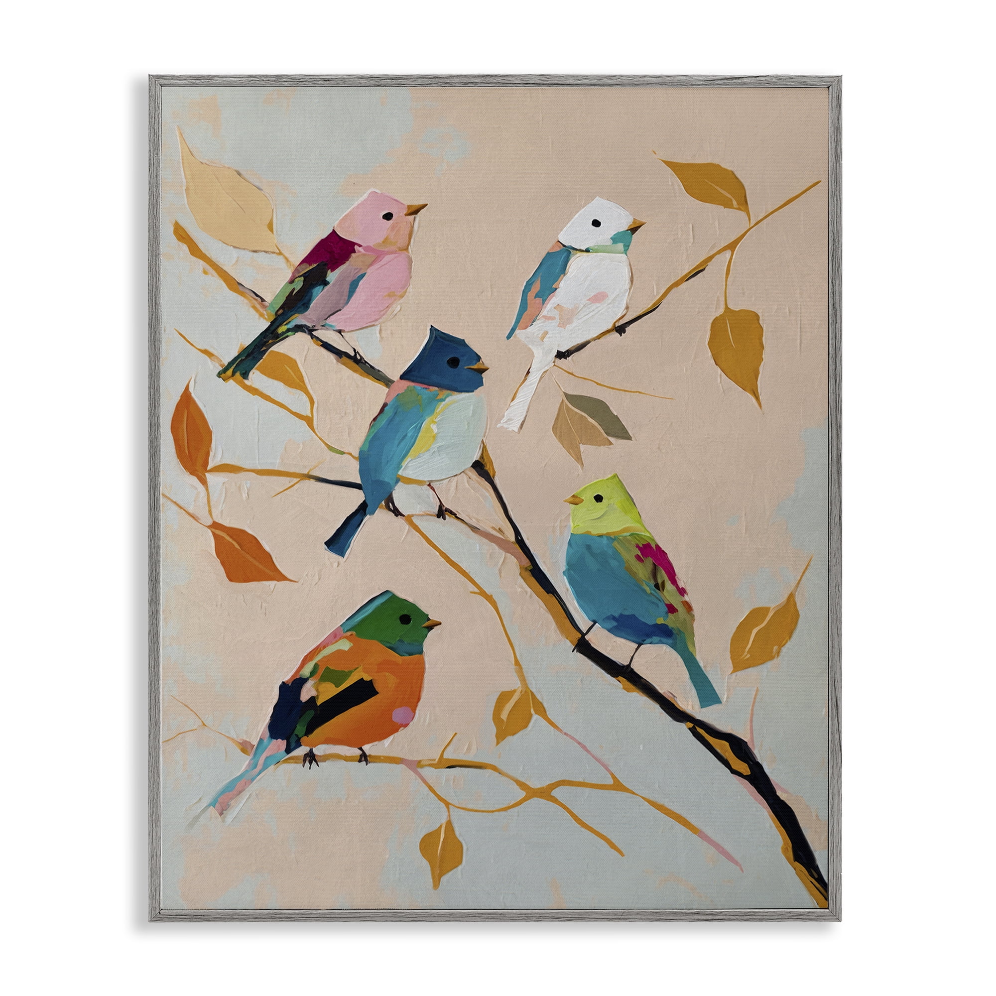Stupell Industries Parakeets on Fall Branch Animals Painting Gray Framed Art Print Wall Art, 11 x 14