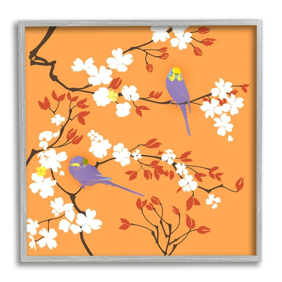 Stupell Industries Parakeets on Orange Animals & Insects Painting Gray Framed Art Print Wall Art, 24 x 24