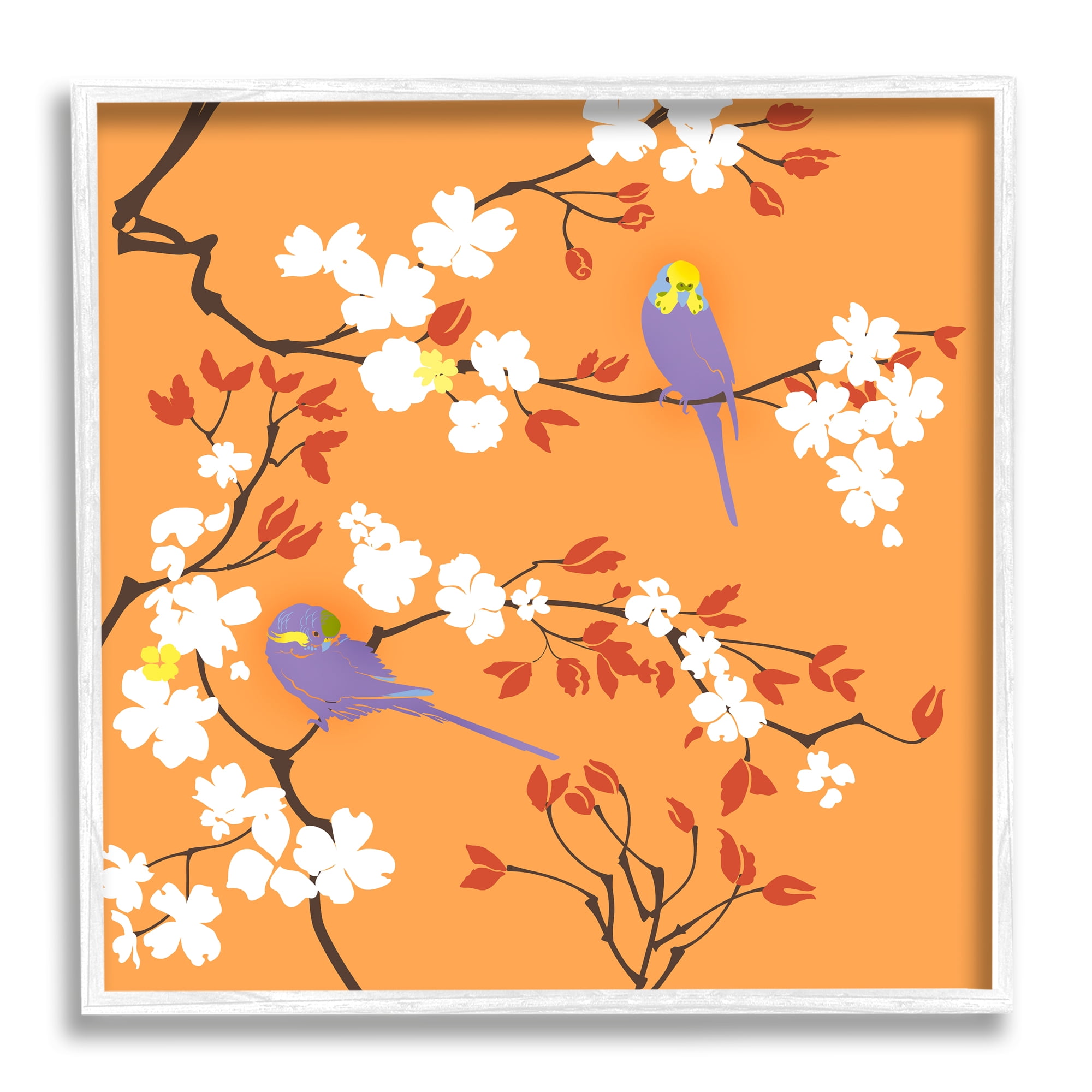 Stupell Industries Parakeets on Orange Animals & Insects Painting White Framed Art Print Wall Art, 24 x 24