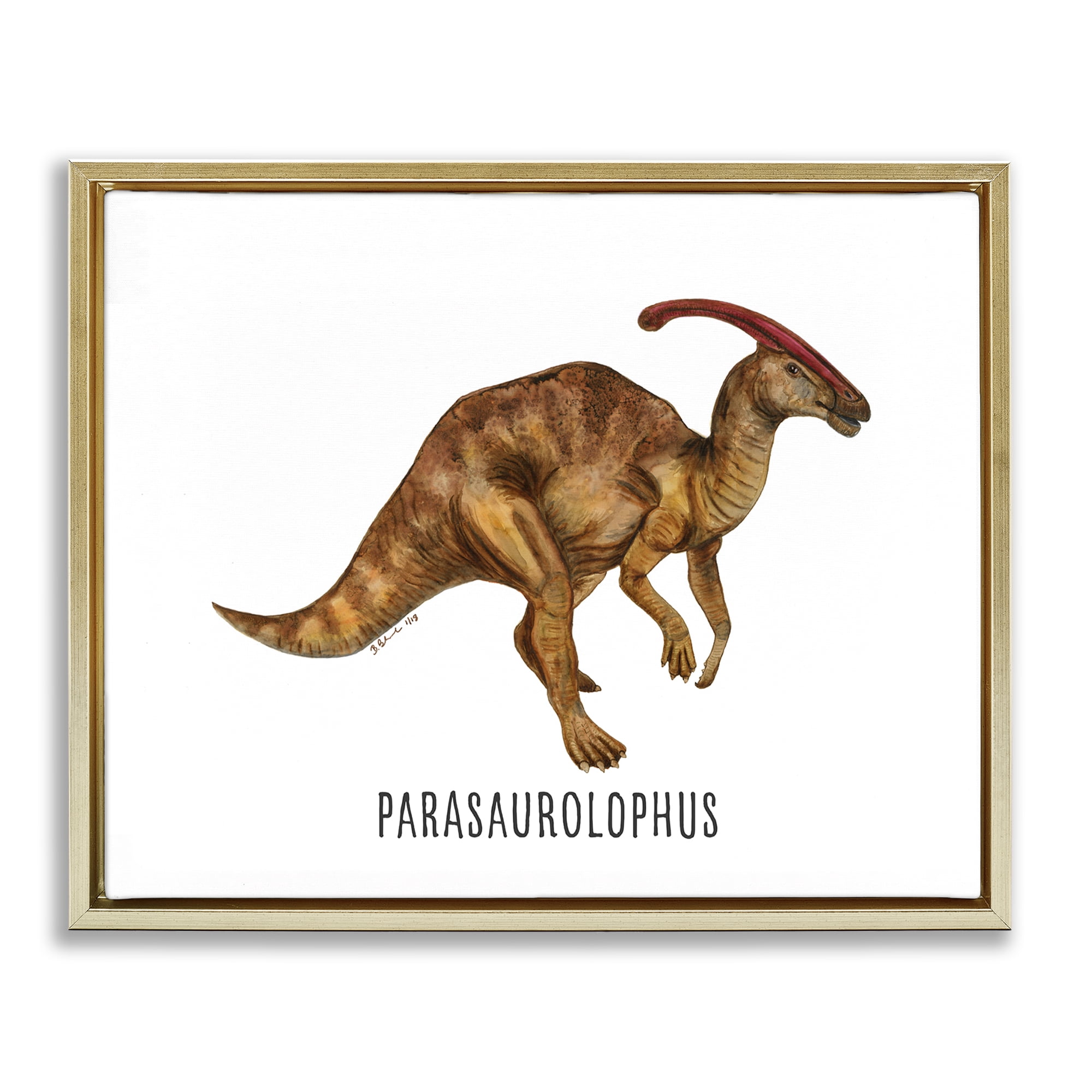 Stupell Industries Parasaurolophus Dinosaur Learning Animals Painting Gold Floater Framed Canvas Art Print Wall Art, 31 x 25