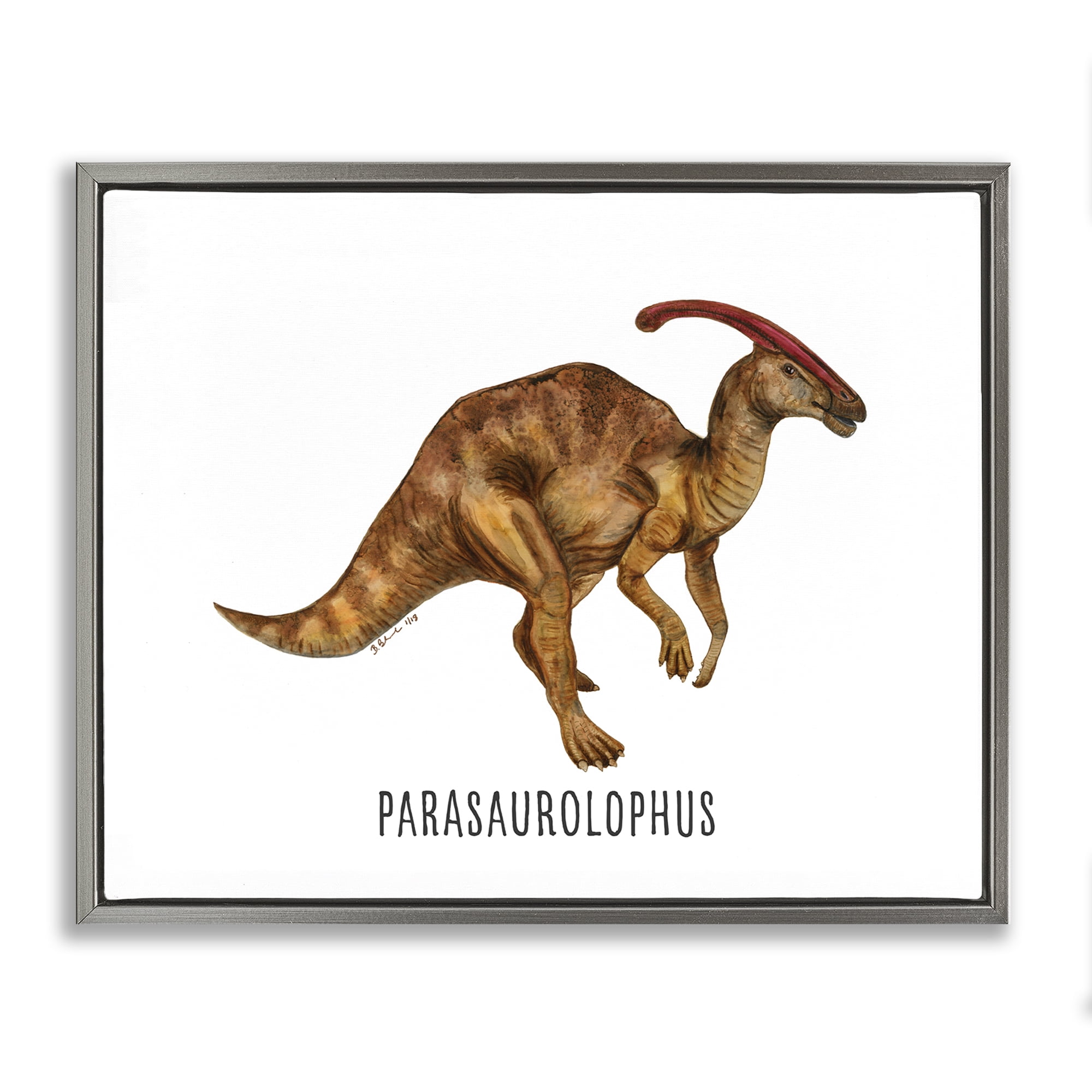 Stupell Industries Parasaurolophus Dinosaur Learning Animals Painting Gray Floater Framed Canvas Art Print Wall Art, 31 x 25