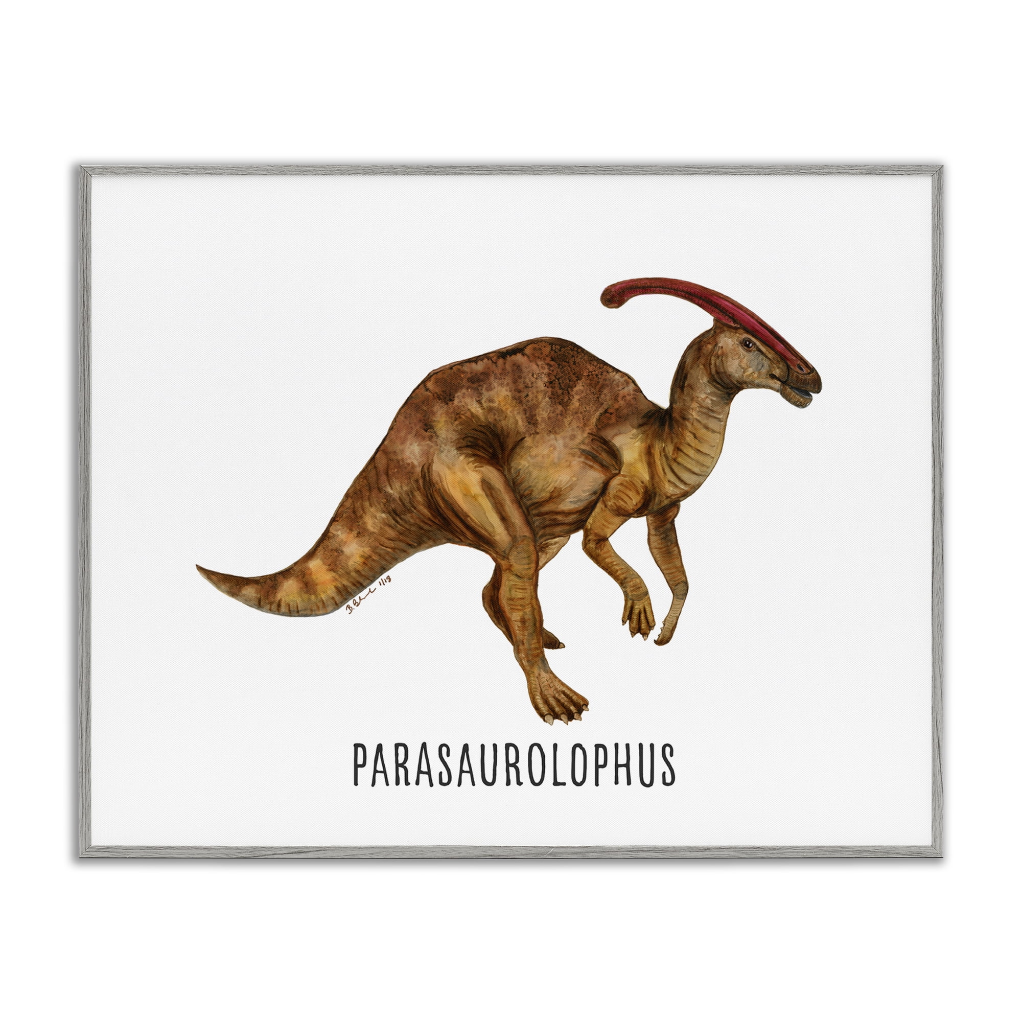 Stupell Industries Parasaurolophus Dinosaur Learning Animals Painting Gray Framed Art Print Wall Art, 20 x 16