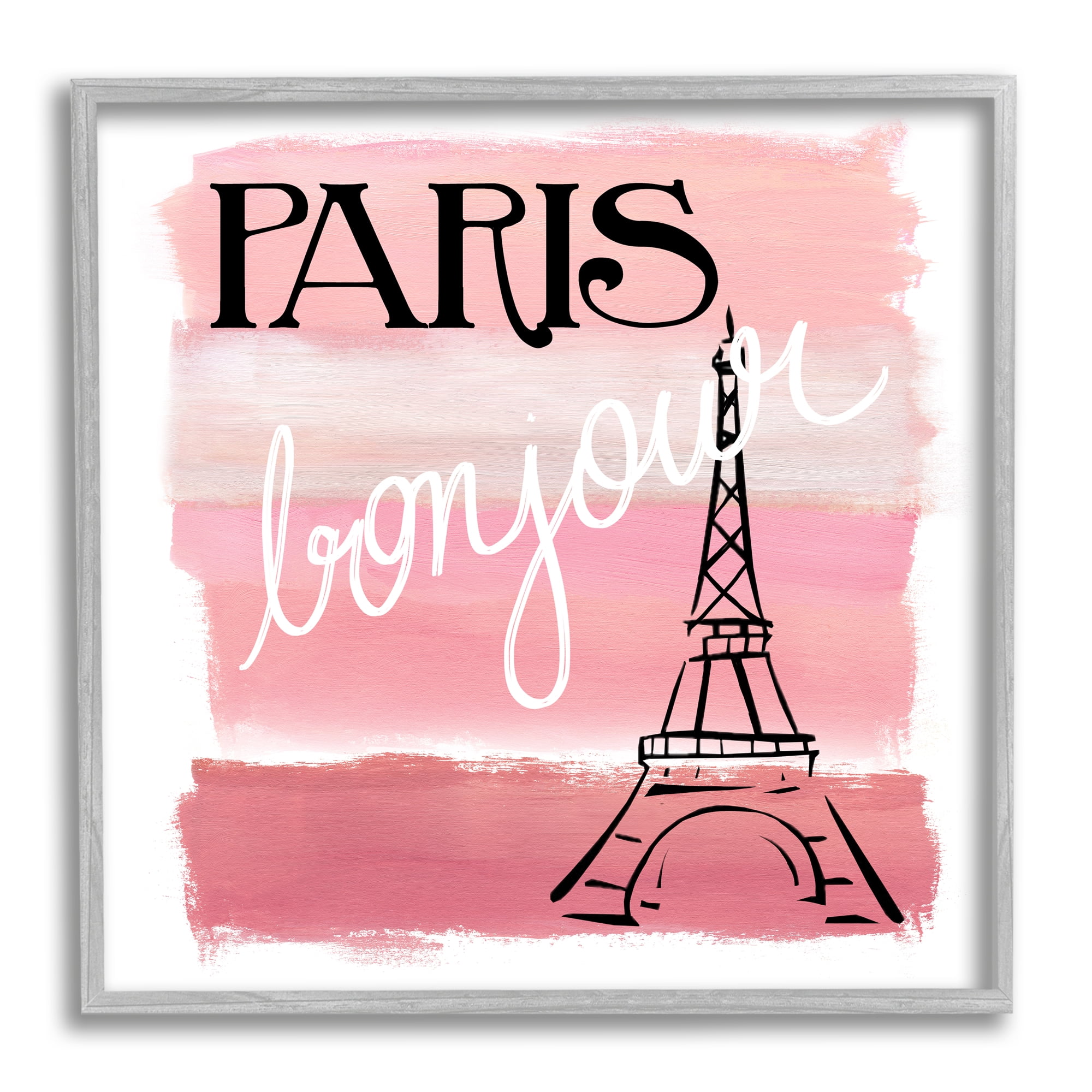 Stupell Industries Paris Bonjour French Eiffel Tower Abstract Pink Stripes, 17 x 17, Design by Nan