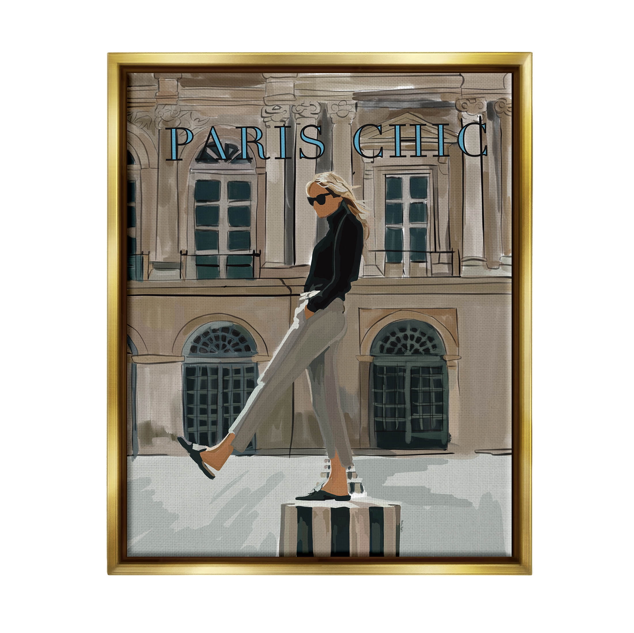 Stupell Industries Paris Chic Trendy Woman Architecture Graphic Art Metallic Gold Floating Framed Canvas Print Wall Art, Design by Amelia Noyes