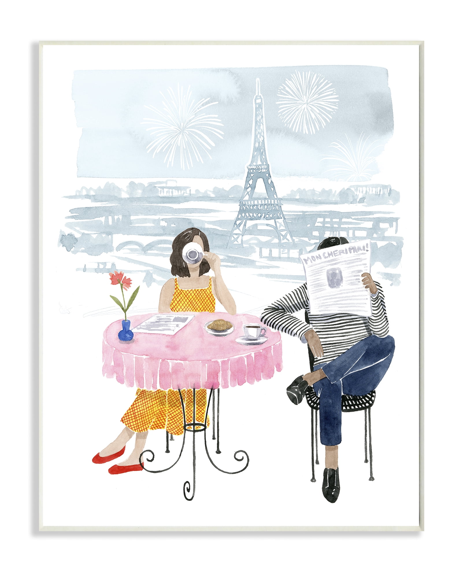 Stupell Industries Paris Coffee Café Pink Blue Watercolor Painting Wood Plaque by Grace Popp