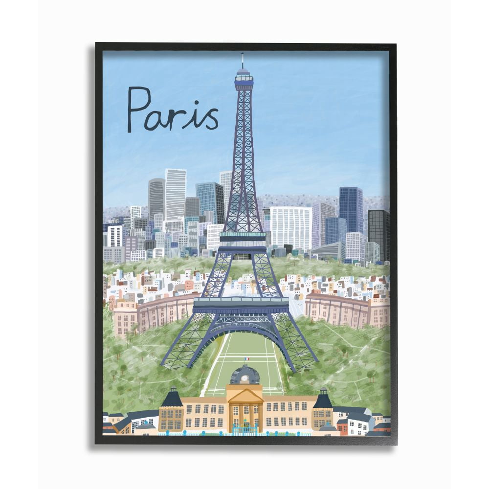 Stupell Industries Paris Colorful Landmarks French City European Architecture Framed Wall Art Design by Carla Daly, 16" x 20", Black Framed