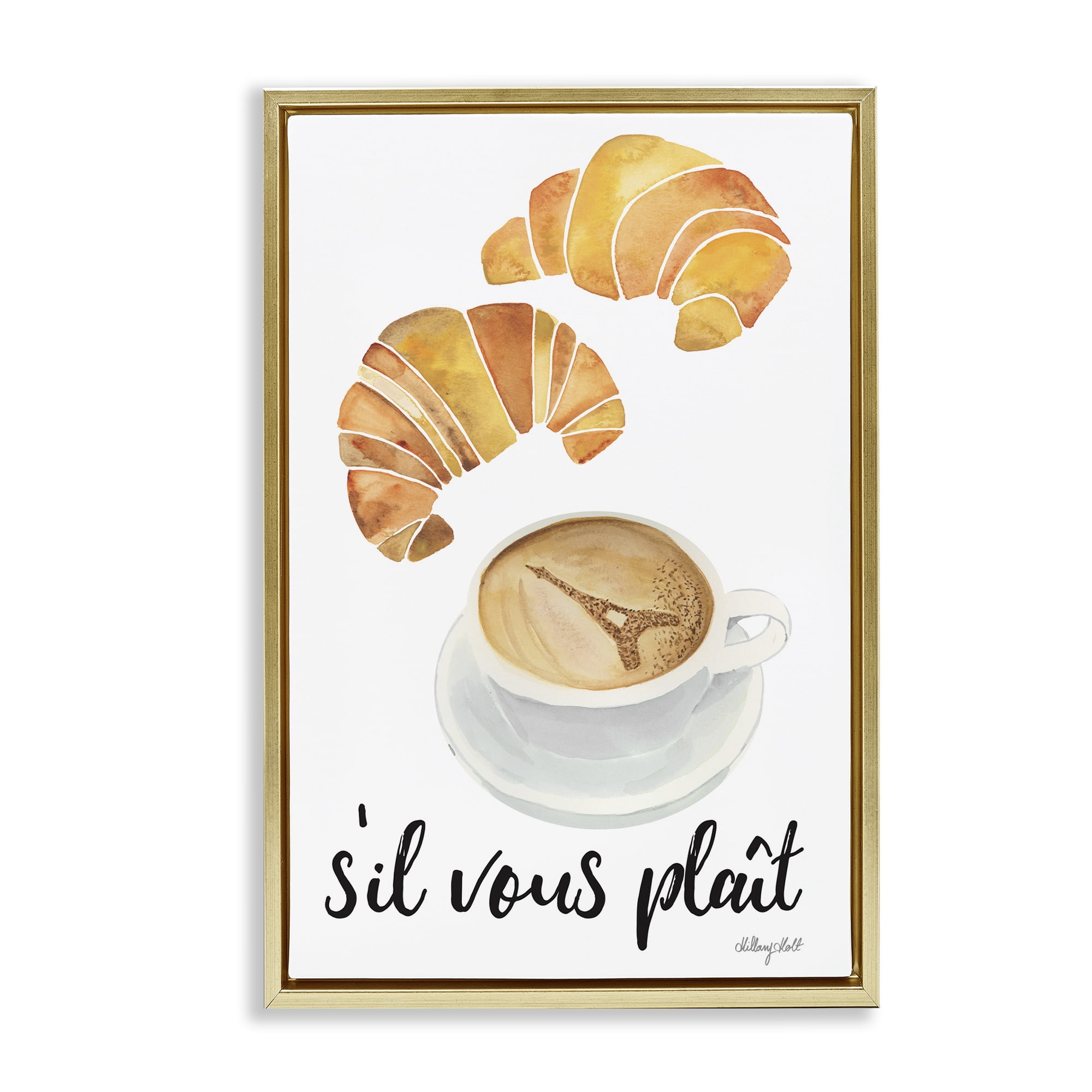 Stupell Industries Paris Croissant and Coffee Gold Framed Floater Canvas Wall Art, design by Hillary Holt