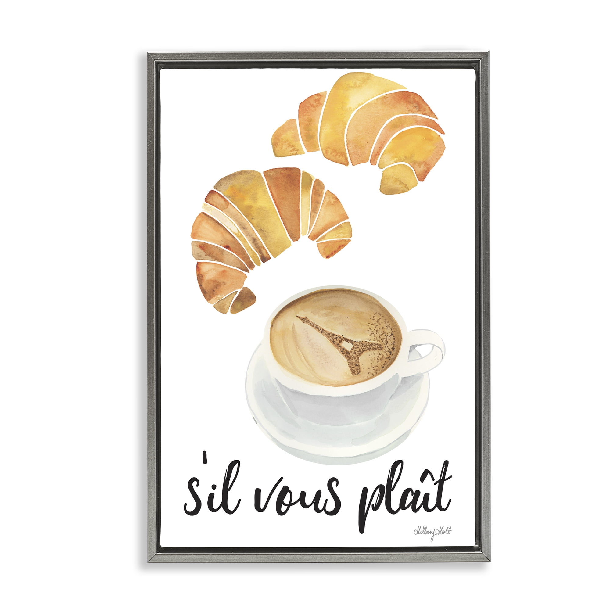 Stupell Industries Paris Croissant and Coffee Gray Framed Floater Canvas Wall Art, design by Hillary Holt
