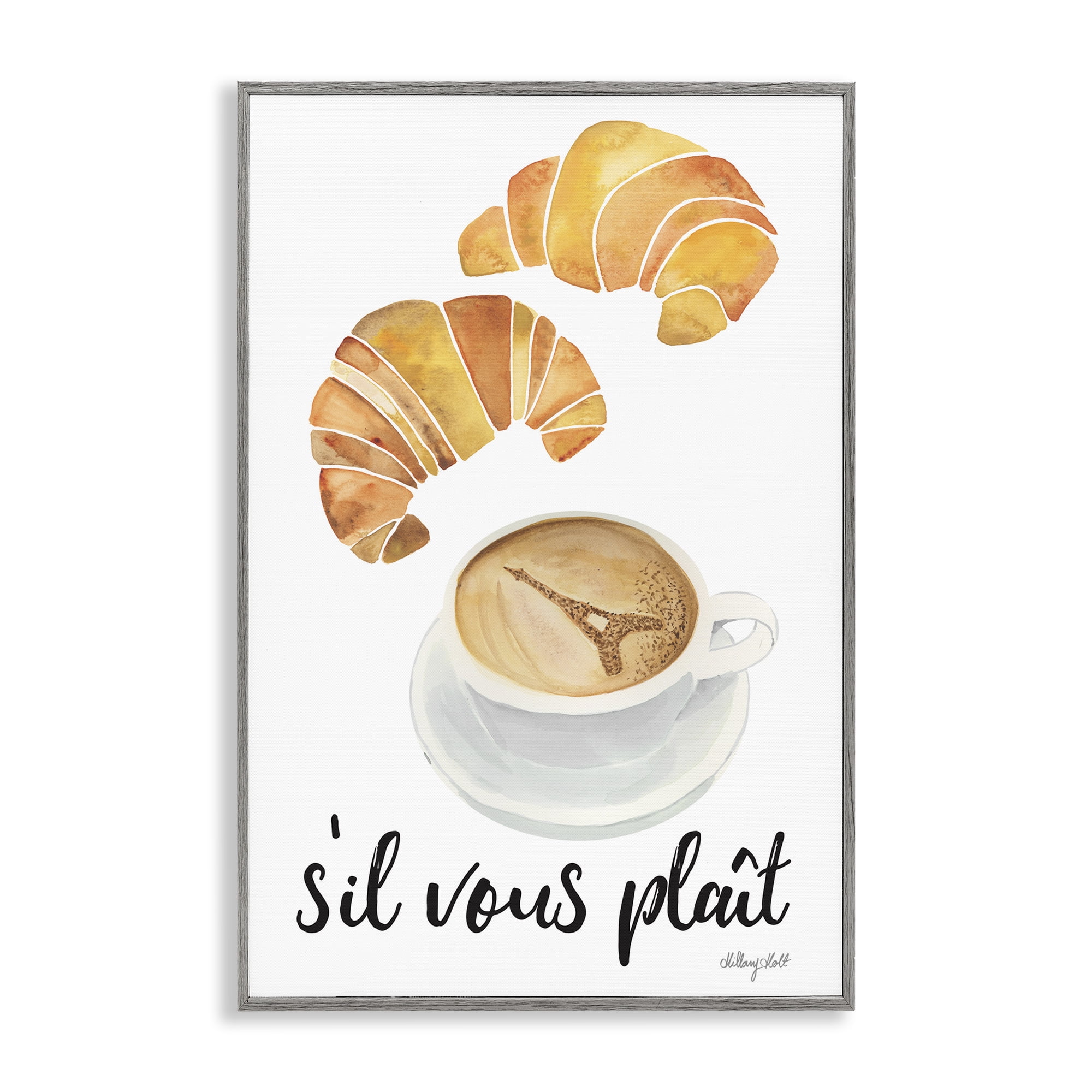 Stupell Industries Paris Croissant and Coffee Gray Framed Giclee Art, design by Hillary Holt