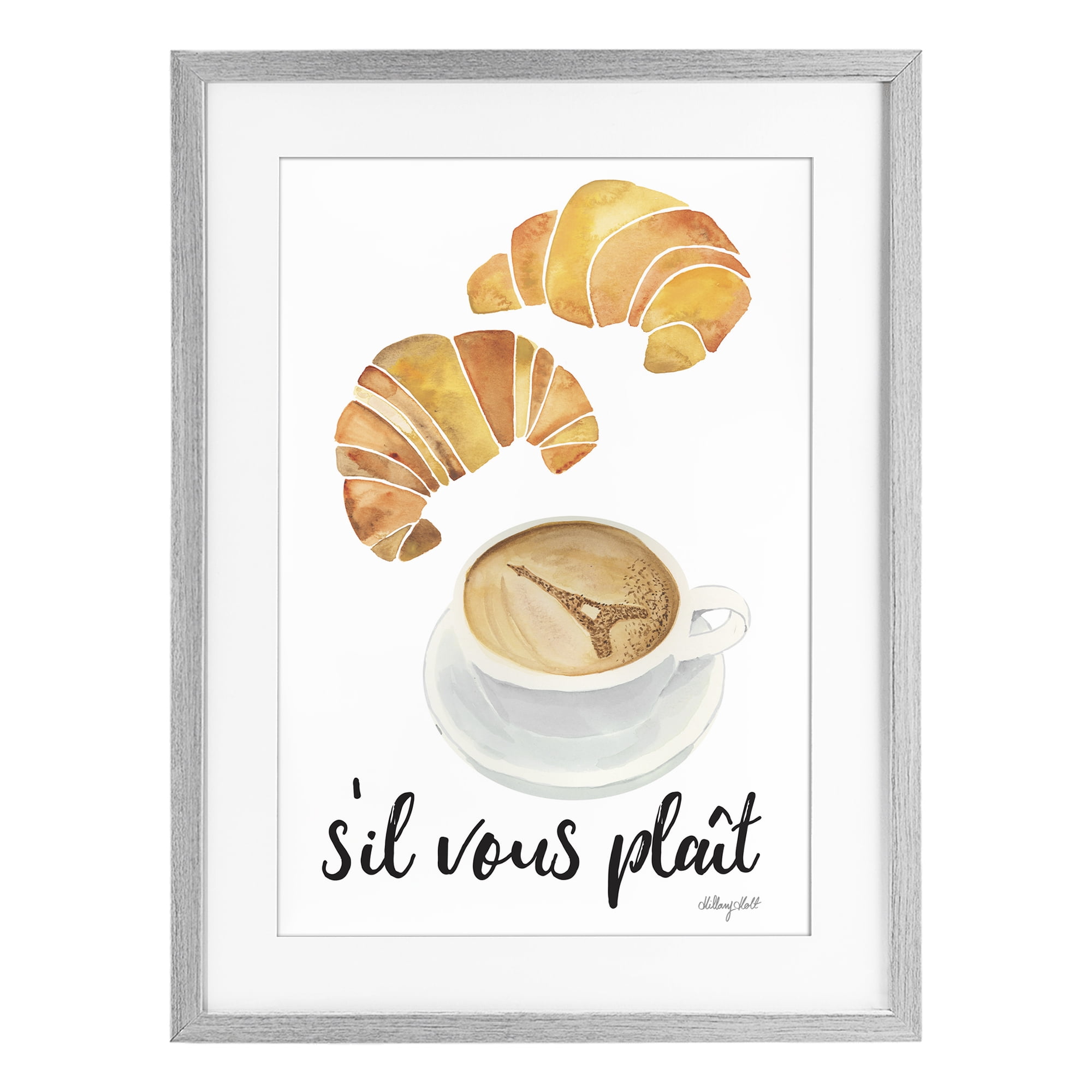Stupell Industries Paris Croissant and Coffee Gray Framed Print Under Glass, design by Hillary Holt