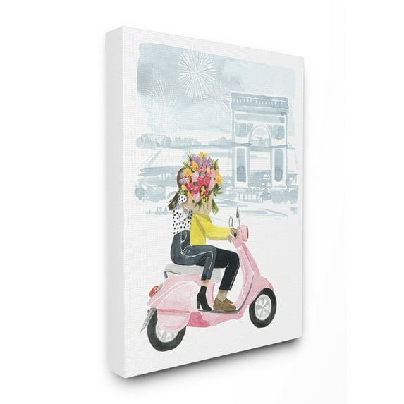 Stupell Industries Paris Flower Scooter Pink Blue Watercolor Painting Canvas Wall Art by Grace Popp, 36" x 48", Canvas