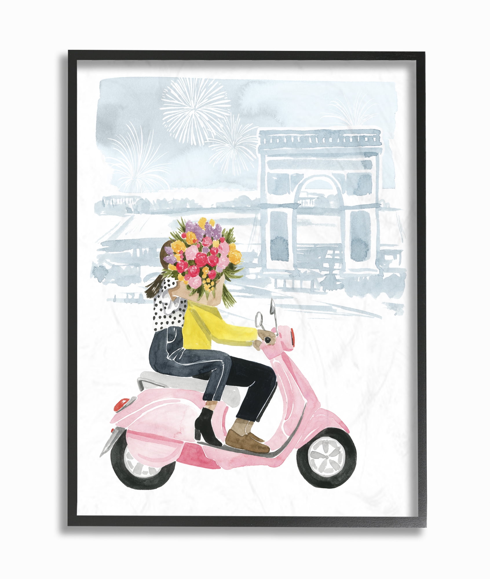 Stupell Industries Paris Flower Scooter Pink Blue Watercolor Painting Framed Wall Art by Grace Popp