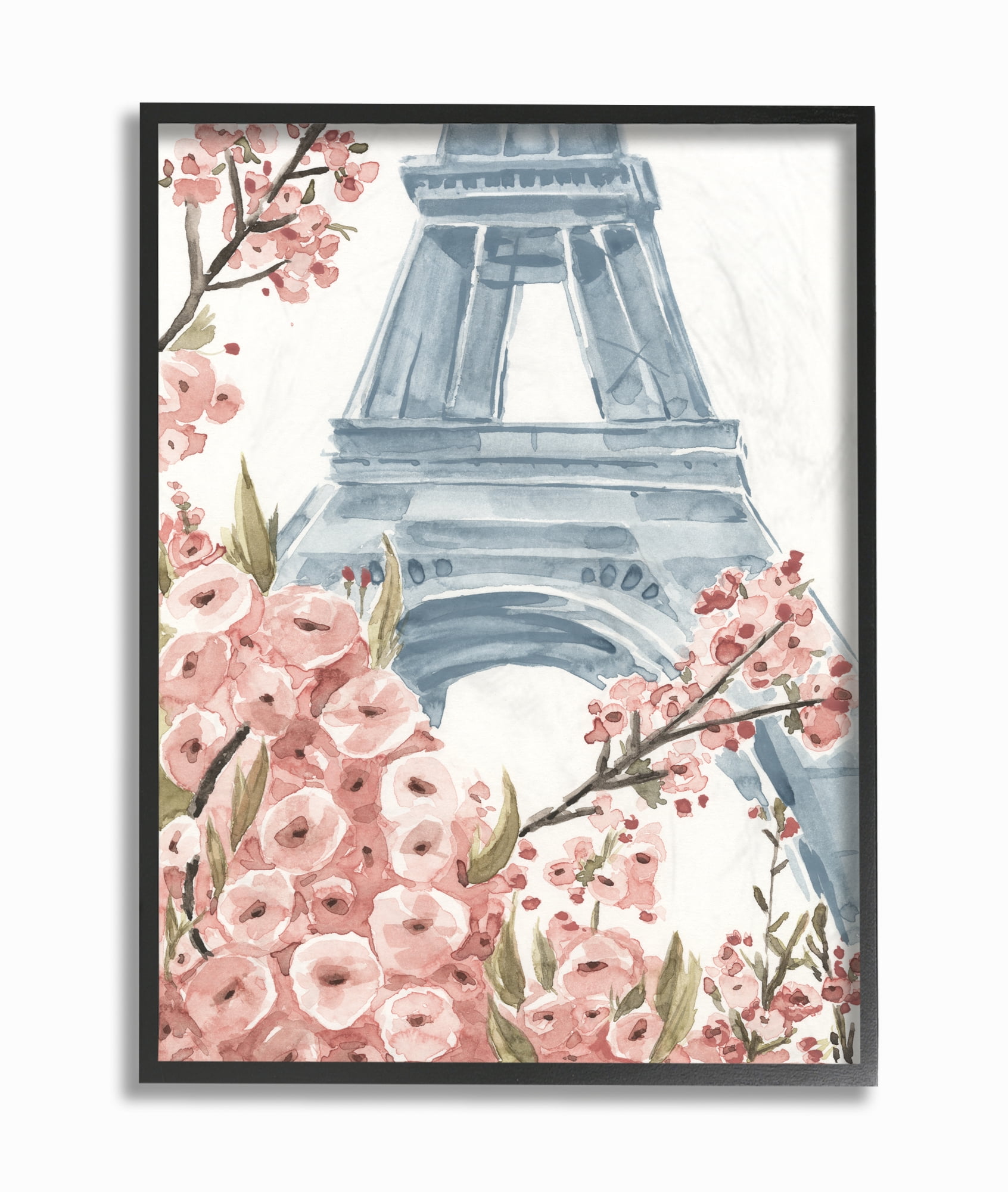 Stupell Industries Paris Flowers Eiffel Tower Pink Blue Watercolor Painting Black Framed Art Print Wall Art, 11x14, by Annie Warren