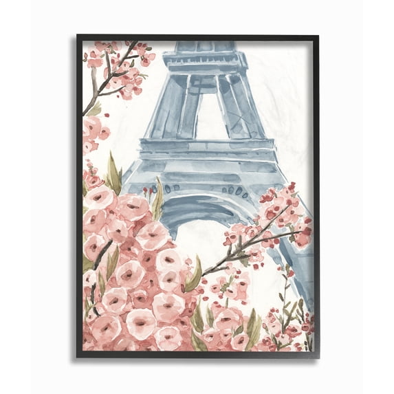 Stupell Industries Paris Flowers Eiffel Tower Pink Blue Watercolor Painting Framed Wall Art by Annie Warren