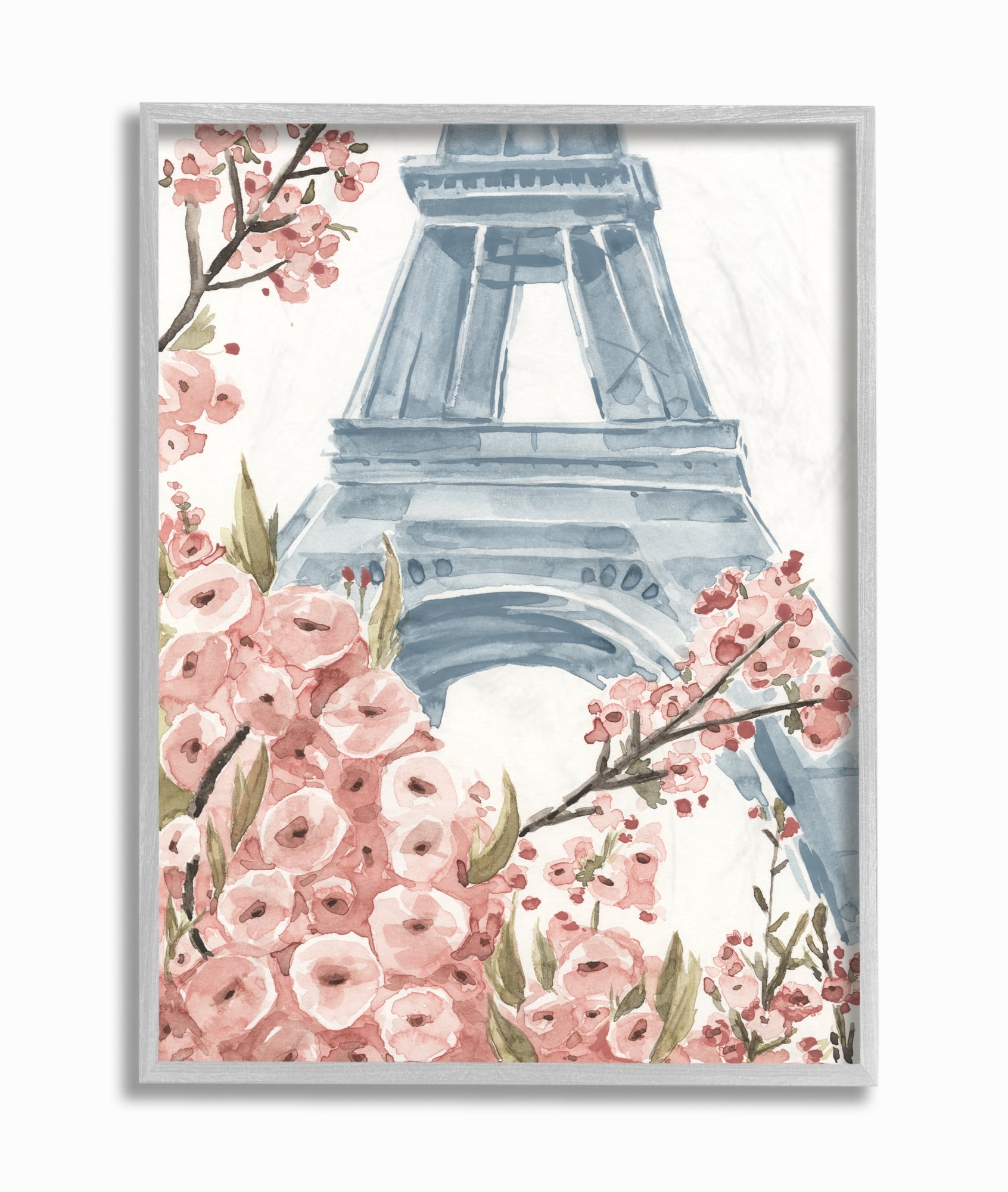 Stupell Industries Paris Flowers Eiffel Tower Pink Blue Watercolor Painting Gray Framed Wall Art, 11 x 14, byAnnie Warren