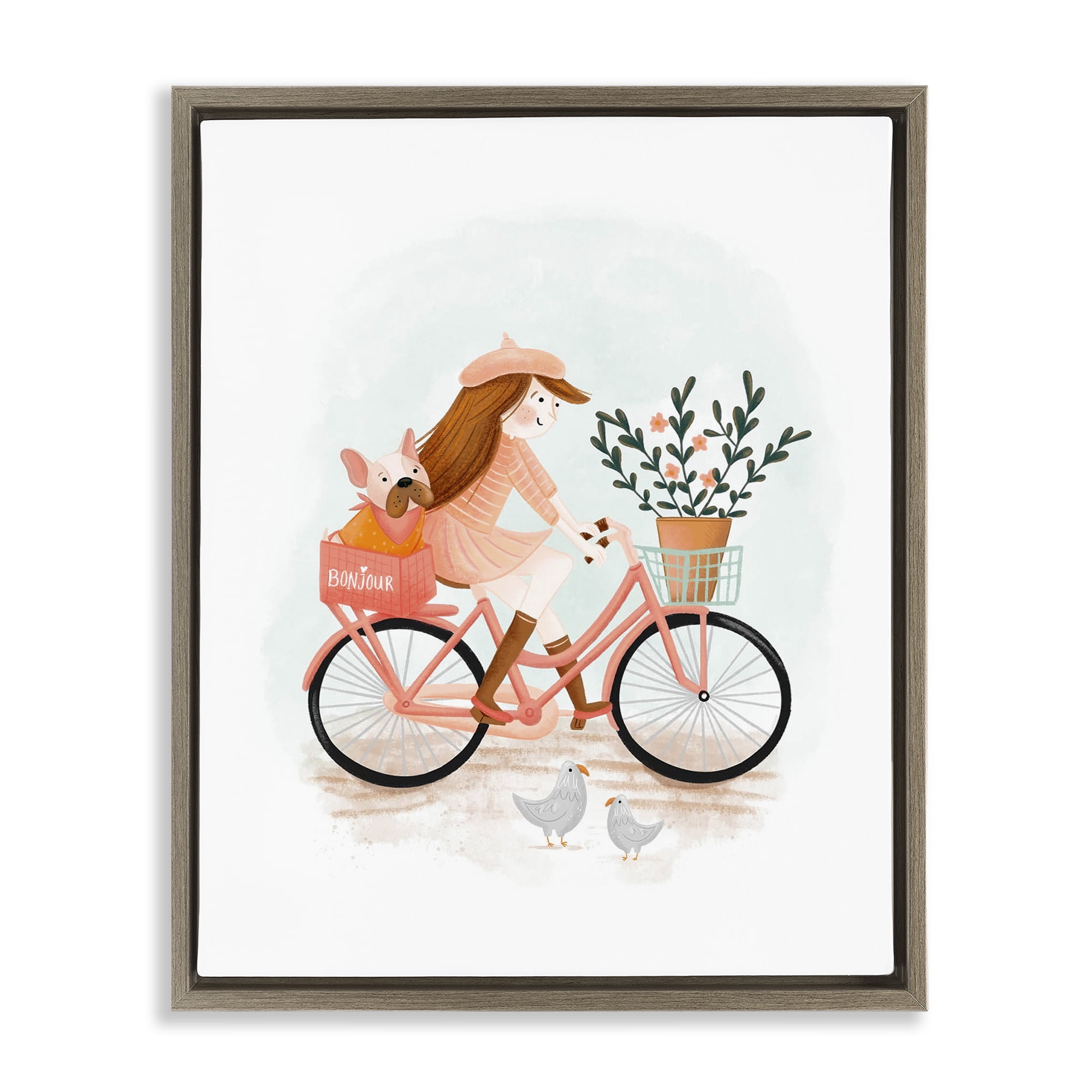 Stupell Industries Paris Girl on Bike Novelty Painting Brown Floater Framed Art Print Wall Art, 25 x 31