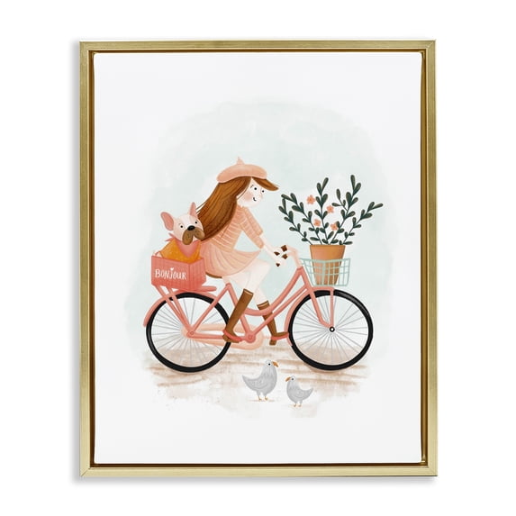 Stupell Industries Paris Girl on Bike Novelty Painting Gold Floater Framed Art Print Wall Art, 25 x 31