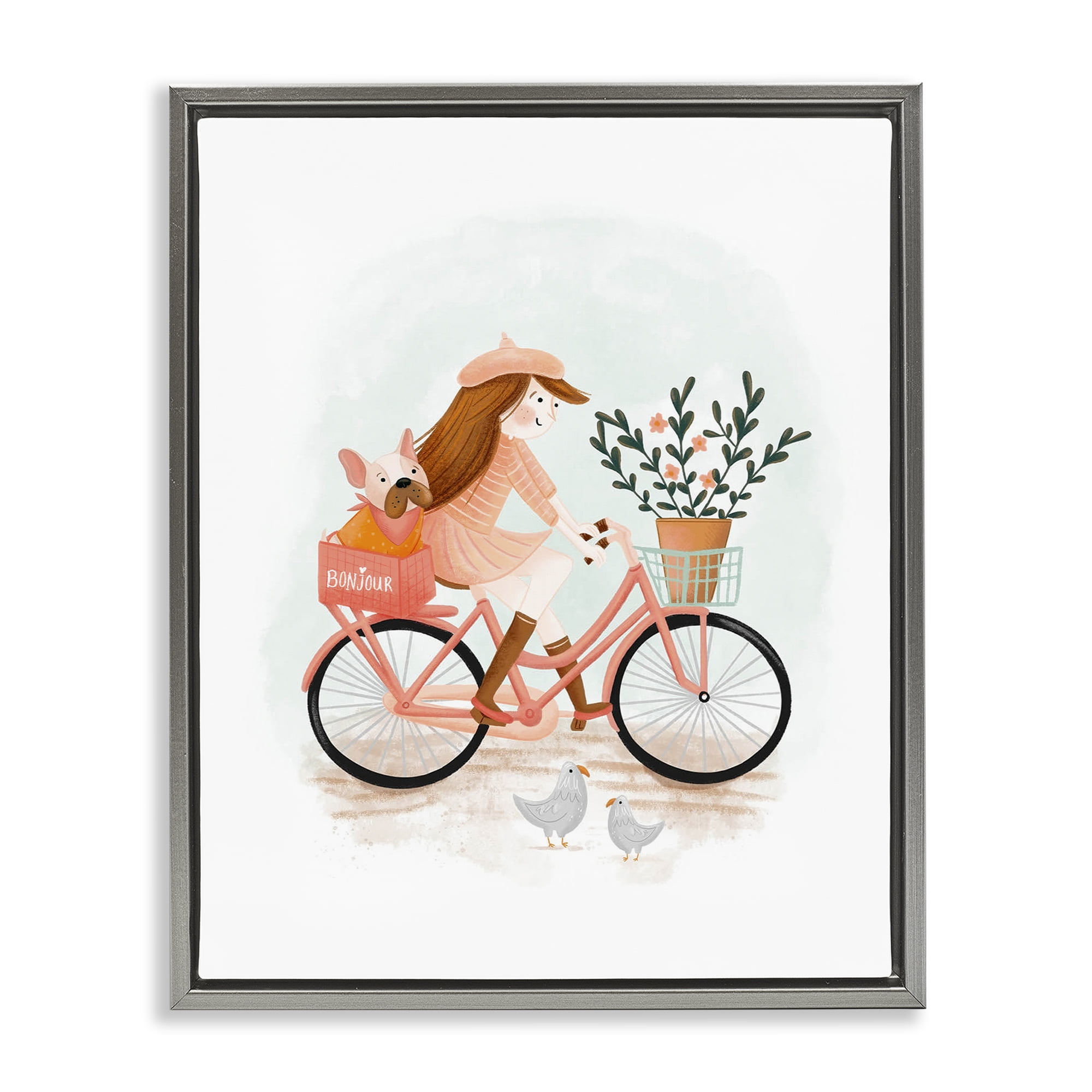 Stupell Industries Paris Girl on Bike Novelty Painting Gray Floater Framed Art Print Wall Art, 17 x 21