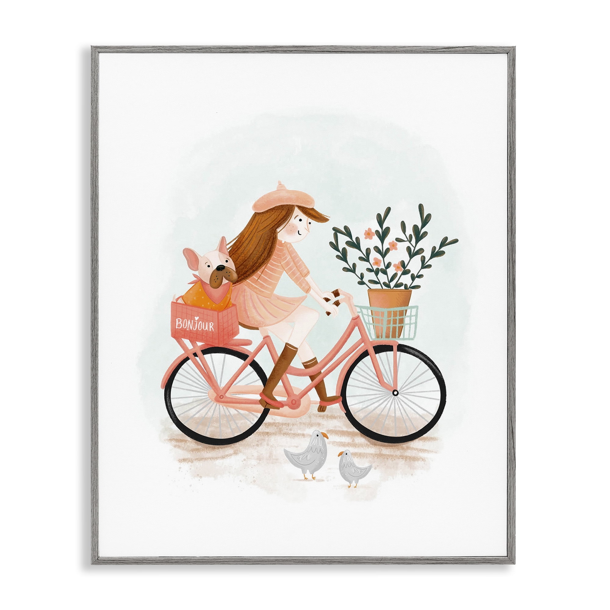 Stupell Industries Paris Girl on Bike Novelty Painting Gray Framed Art Print Wall Art, 24 x 30