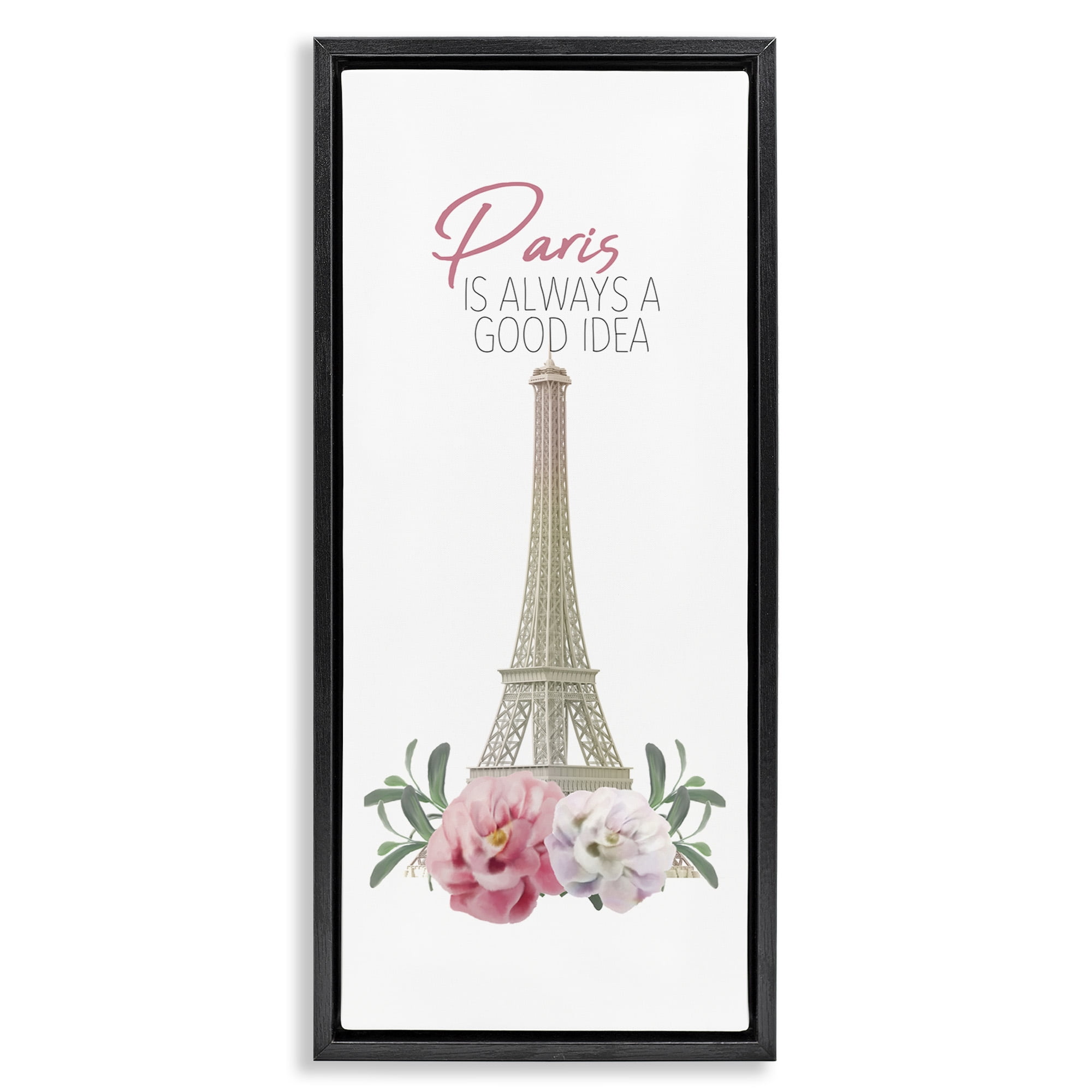 Stupell Industries Paris Good Idea Phrase Eiffel Tower Botanical & Floral Painting Black Floater Framed Canvas Art Print Wall Art, 11 x 25