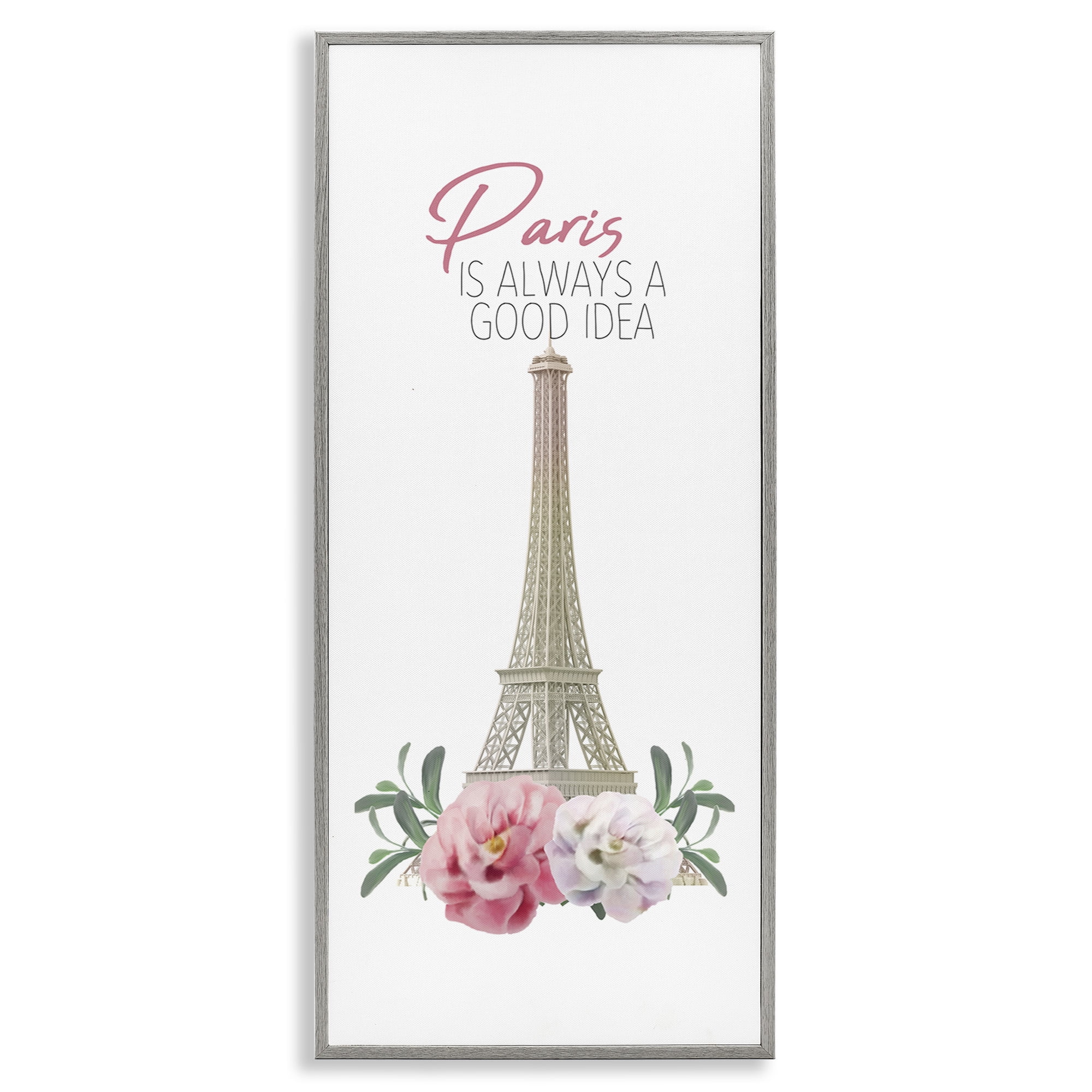 Stupell Industries Paris Good Idea Phrase Eiffel Tower Botanical & Floral Painting Gray Framed Art Print Wall Art, 10 x 24