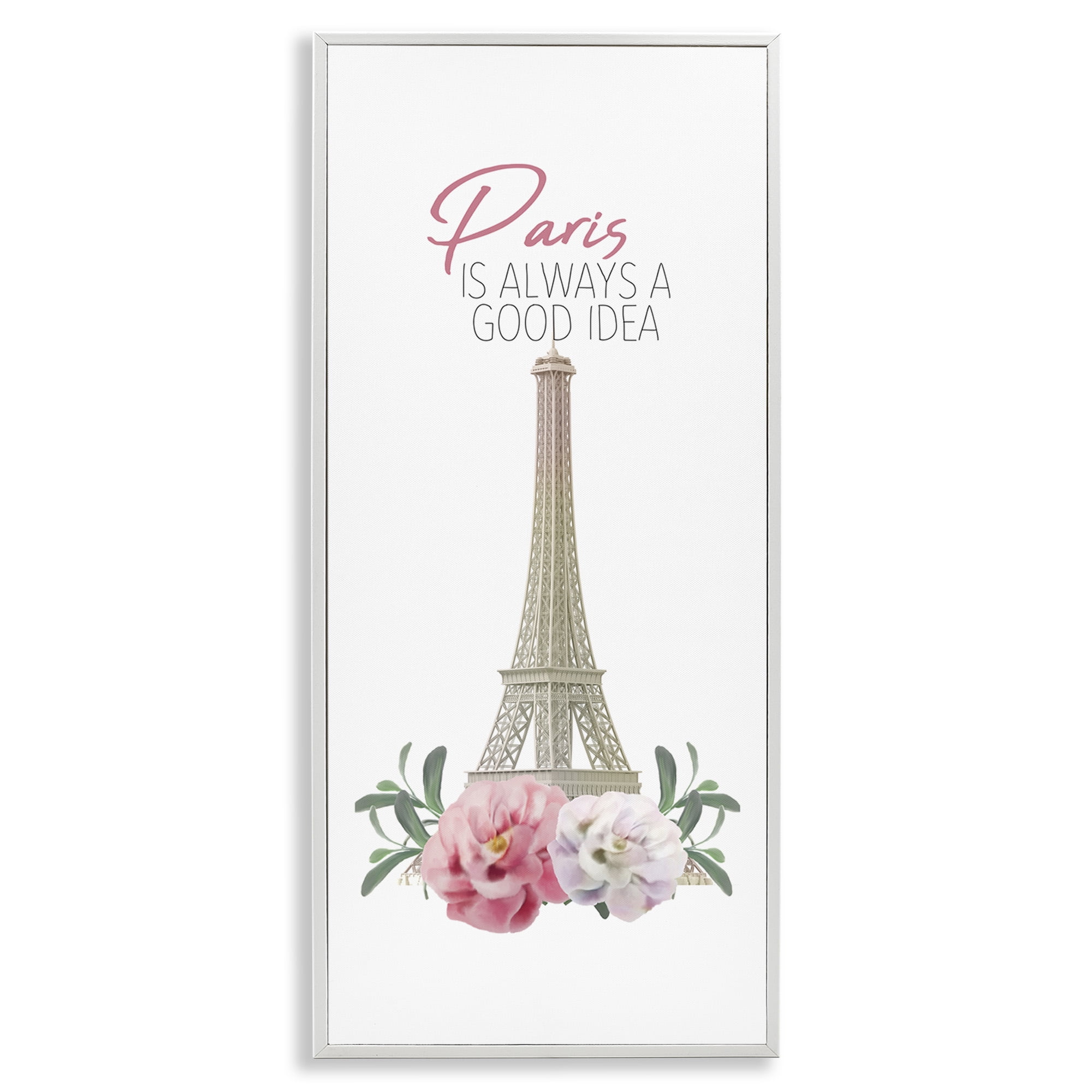 Stupell Industries Paris Good Idea Phrase Eiffel Tower Botanical & Floral Painting White Framed Art Print Wall Art, 10 x 24