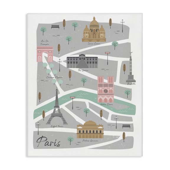 Stupell Industries Contemporary Paris Landmark Map French City Illustration Pink Grey Canvas Art, 16 x 20, by Angela Nickeas