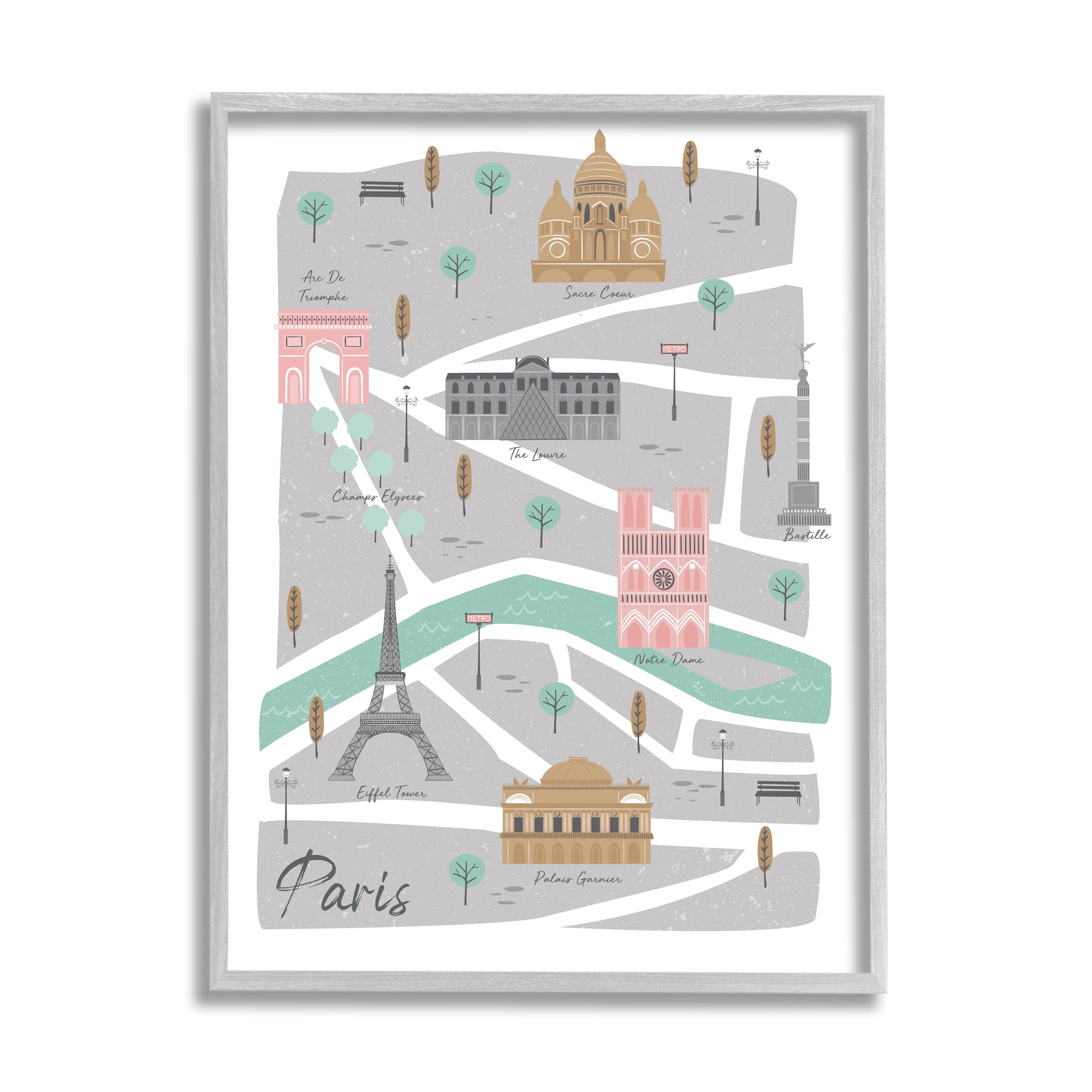 Stupell Industries Paris Landmark Map French City Illustration Pink Grey, 16 x 20, Designed by Angela Nickeas