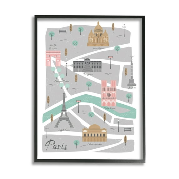 Stupell Industries Paris Landmark Map French City Illustration Pink Grey, 16 x 20, Designed by Angela Nickeas