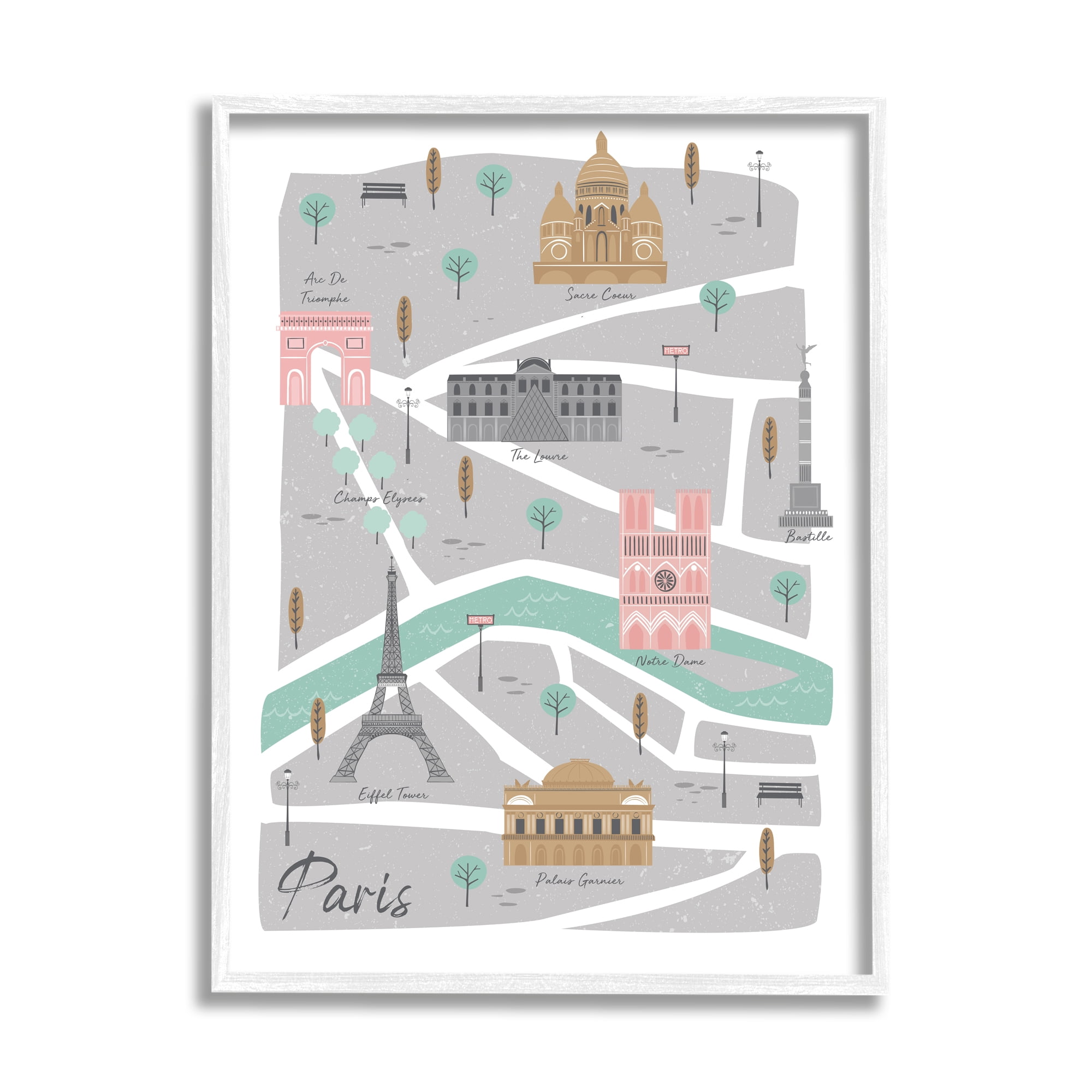 Stupell Industries Paris Landmark Map French City Illustration Pink Grey, 24 x 30, Designed by Angela Nickeas