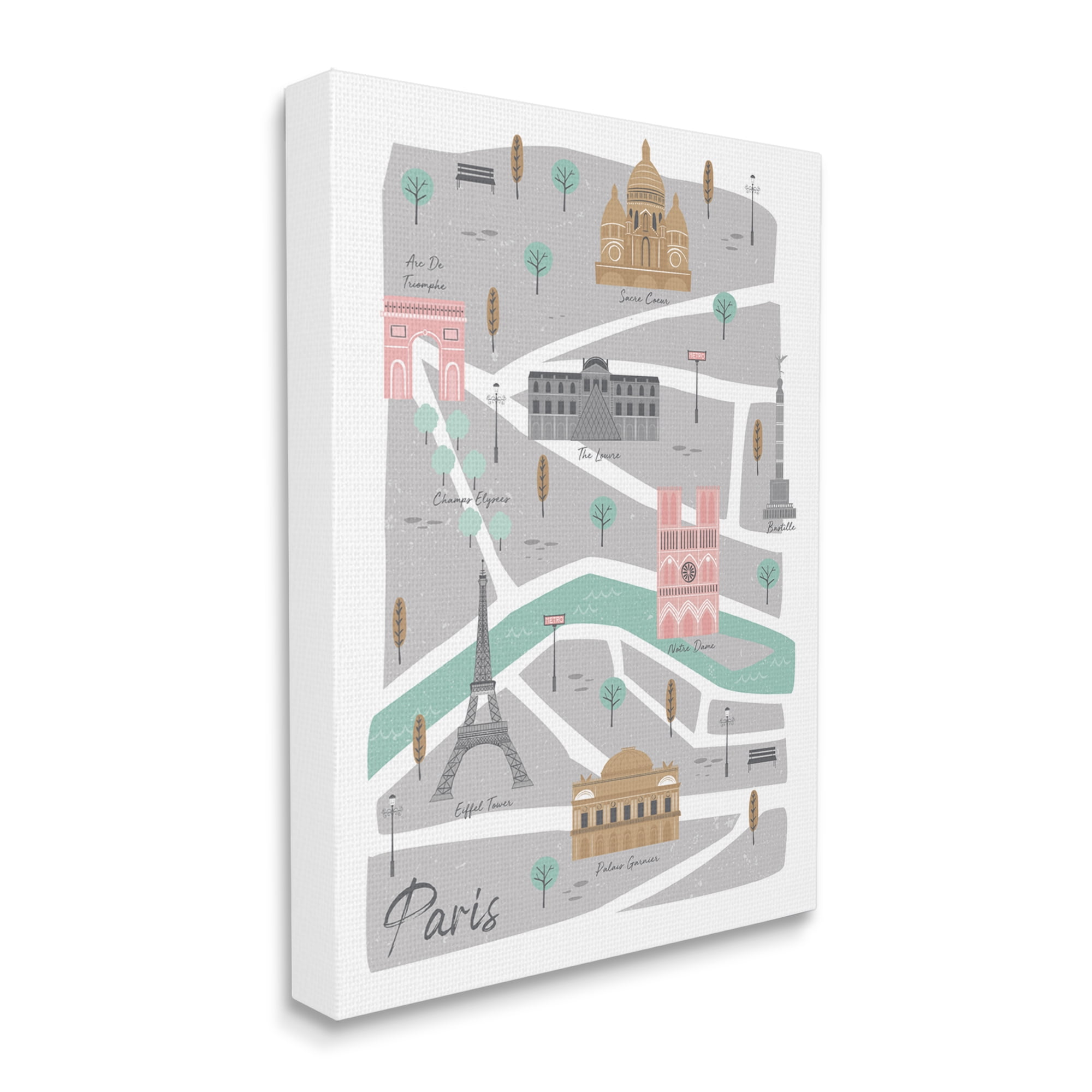 Stupell Industries Paris Landmark Map French City Illustration Pink Grey, 36 x 48, Designed by Angela Nickeas