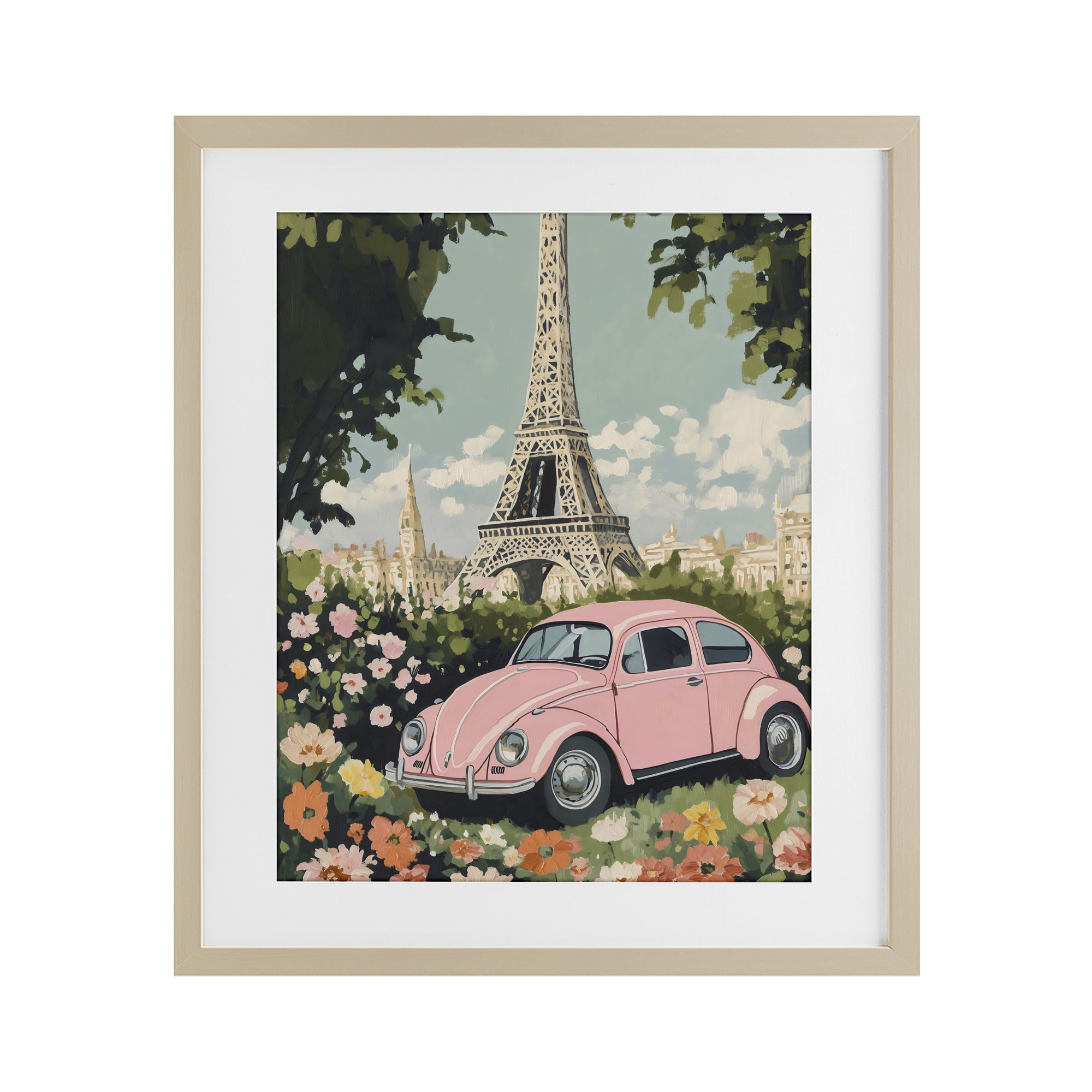 Stupell Industries Paris Pink Car in Bloom Birch Framed Print Under Glass, design by The Prints Vibe