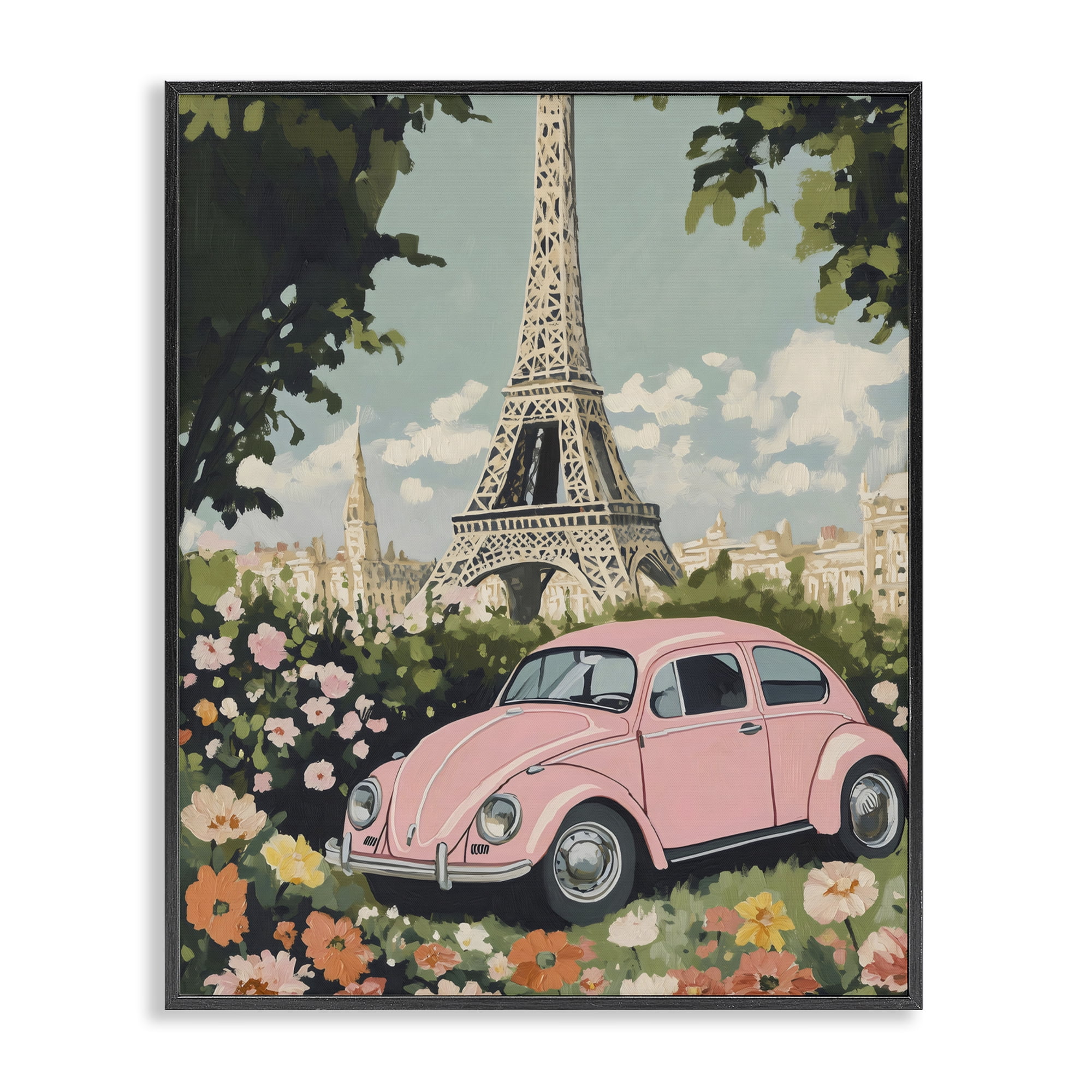 Stupell Industries Paris Pink Car in Bloom Black Framed Giclee Art, design by The Prints Vibe