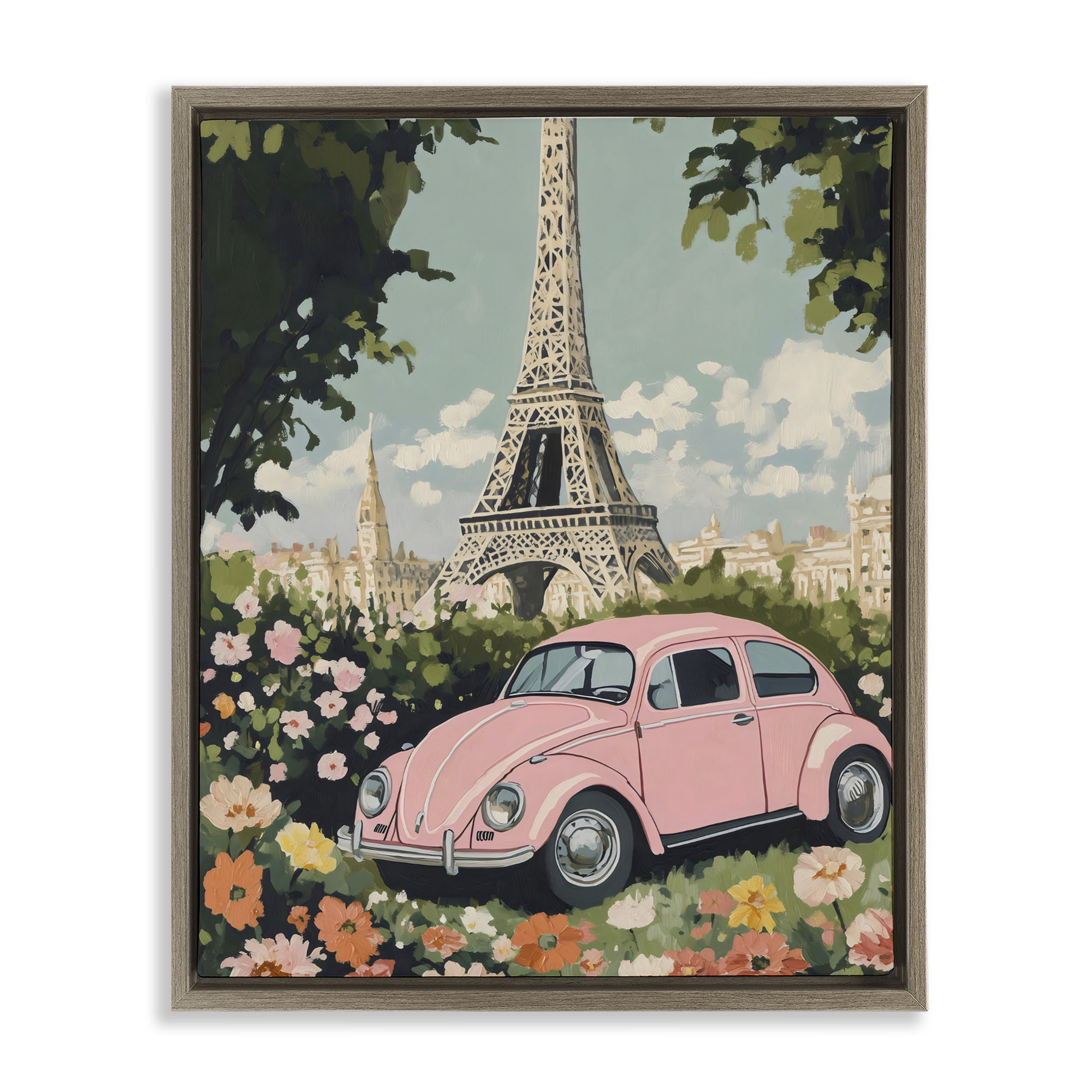 Stupell Industries Paris Pink Car in Bloom Brown Framed Floater Canvas Wall Art, design by The Prints Vibe