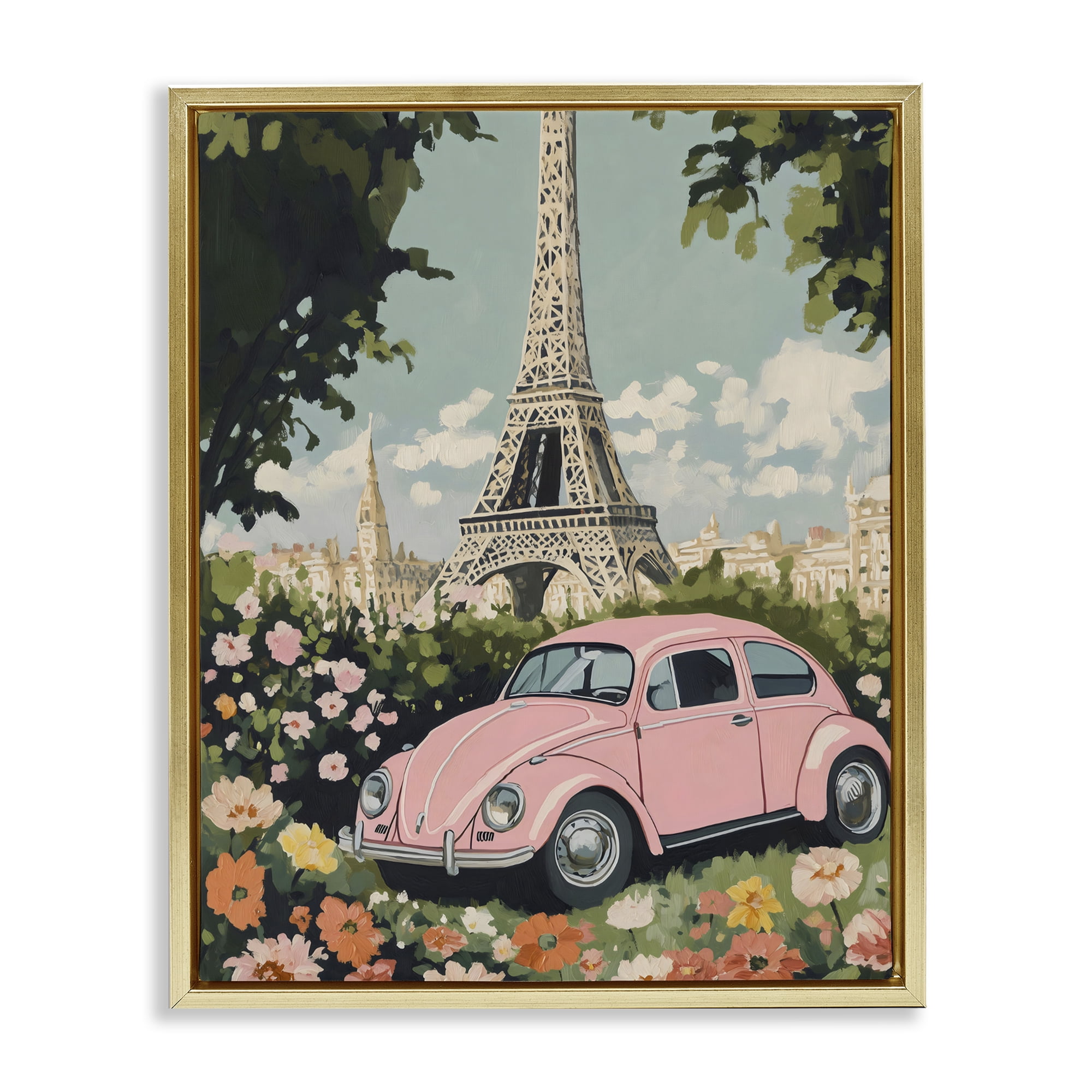 Stupell Industries Paris Pink Car in Bloom Gold Framed Floater Canvas Wall Art, design by The Prints Vibe